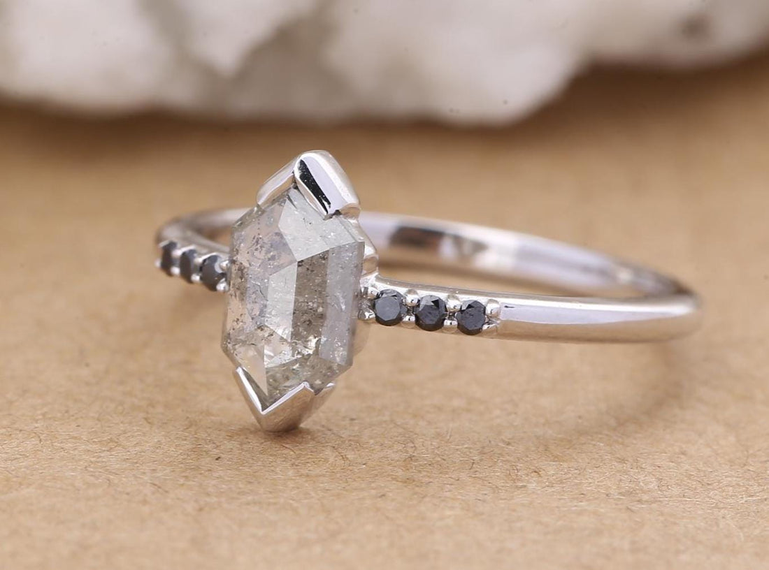 14K Rose Gold Grey Salt and Pepper Hexagon Cut Natural Diamond Engagement Ring
