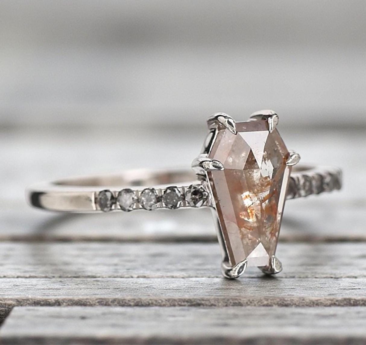 14K Yellow Gold Coffin Cut Grey Salt and Pepper Natural Diamond Engagement Ring