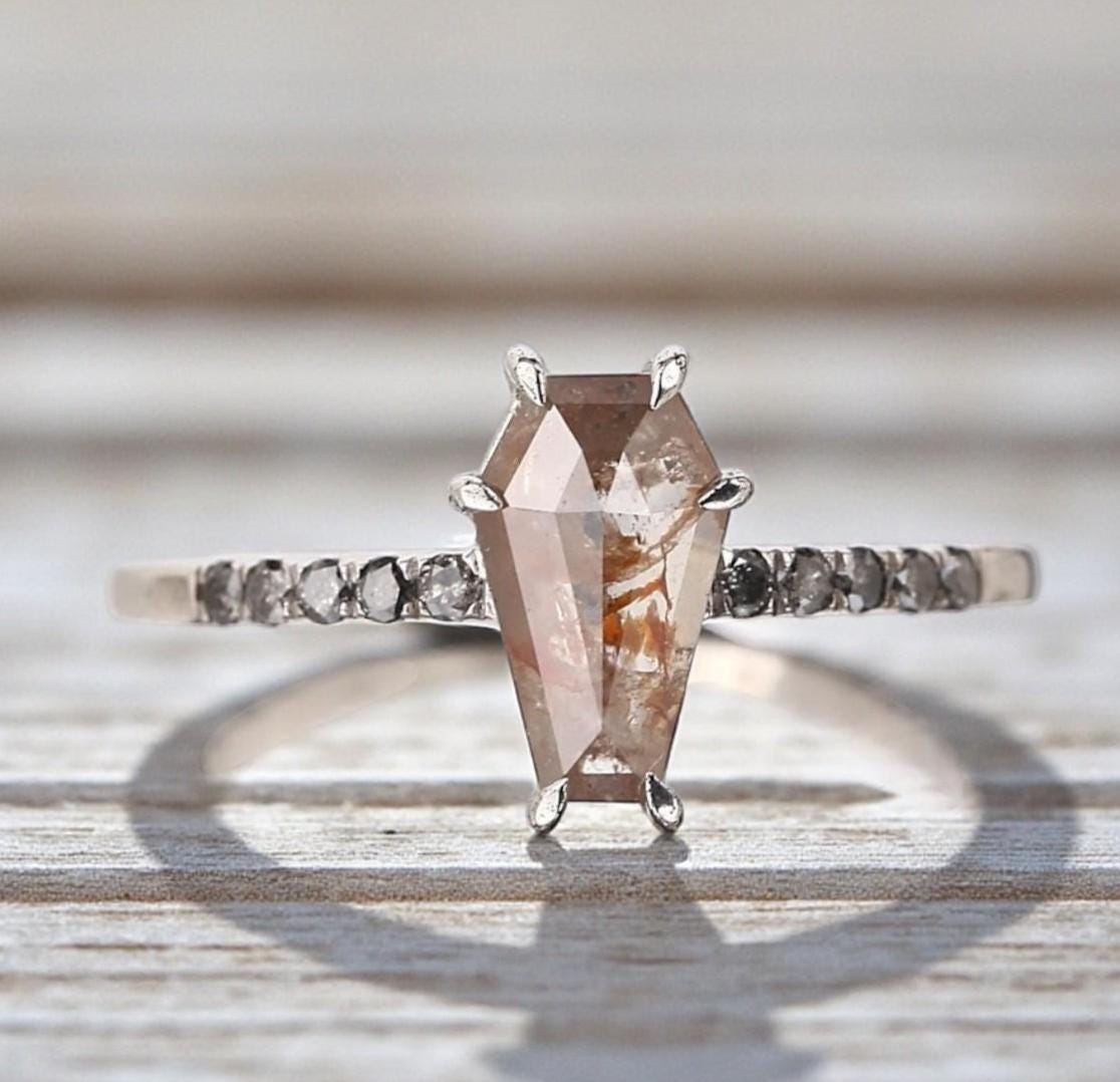 14K Yellow Gold Coffin Cut Grey Salt and Pepper Natural Diamond Engagement Ring