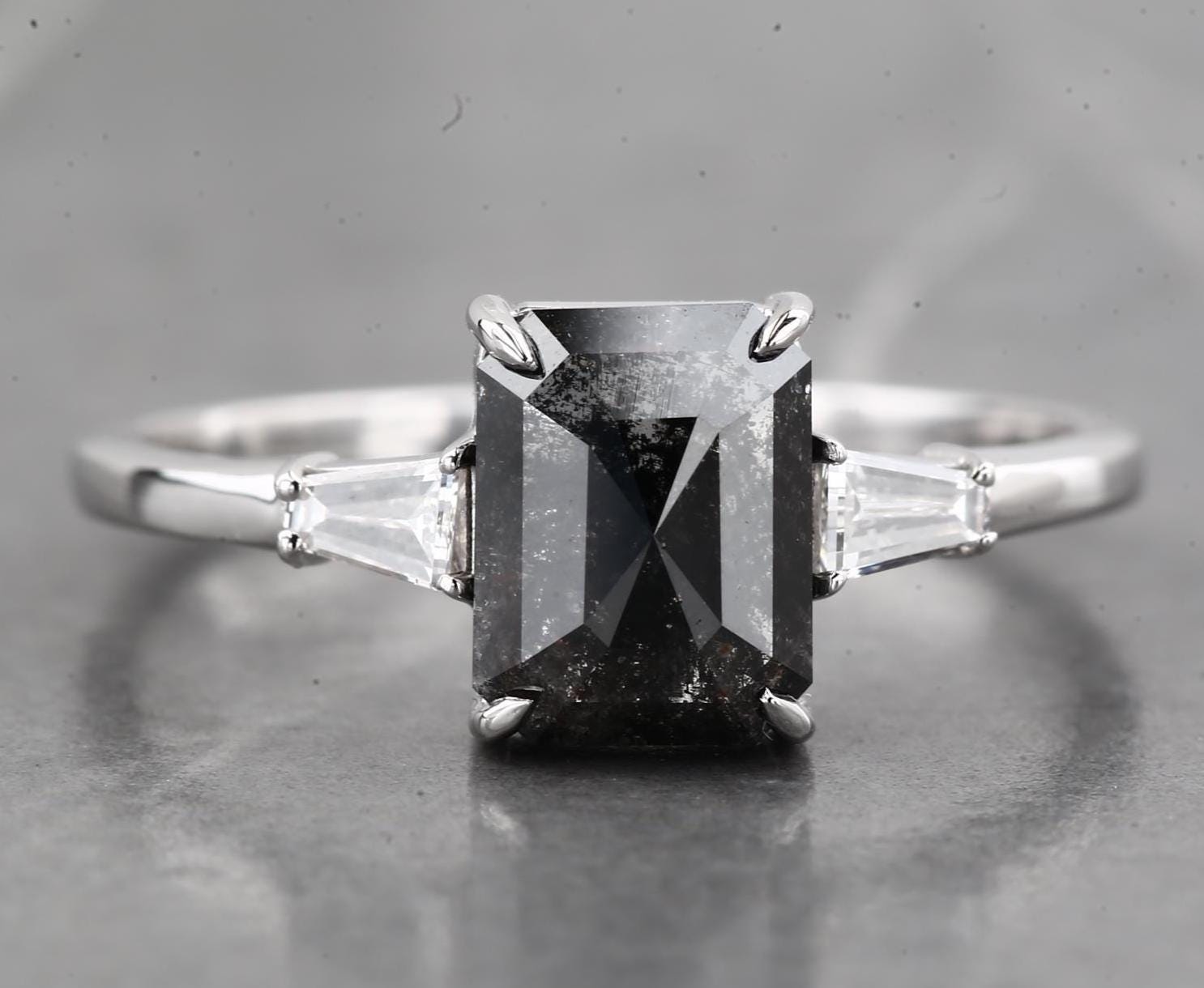 14K White Gold Grey Emerald Cut Salt and Pepper Natural Diamond Engagement Ring
