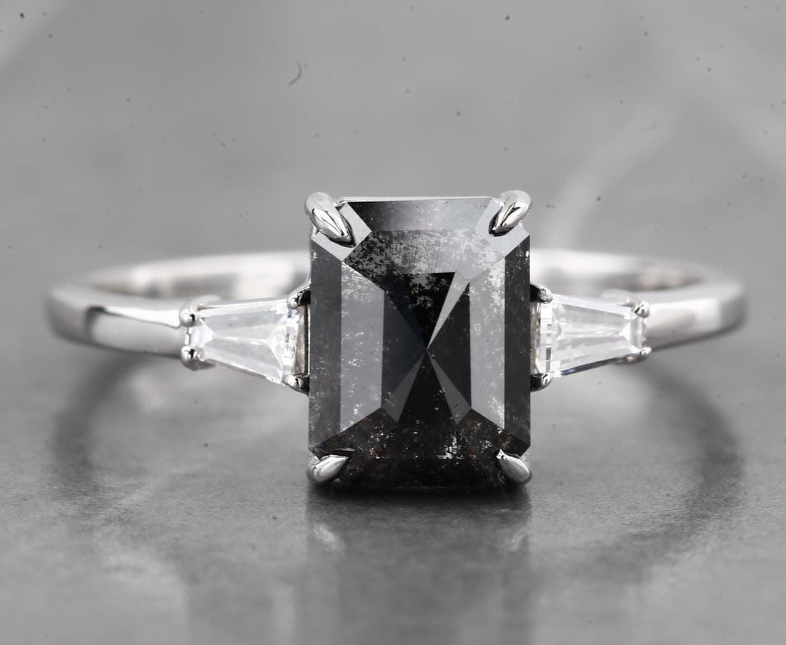 14K White Gold Grey Emerald Cut Salt and Pepper Natural Diamond Engagement Ring