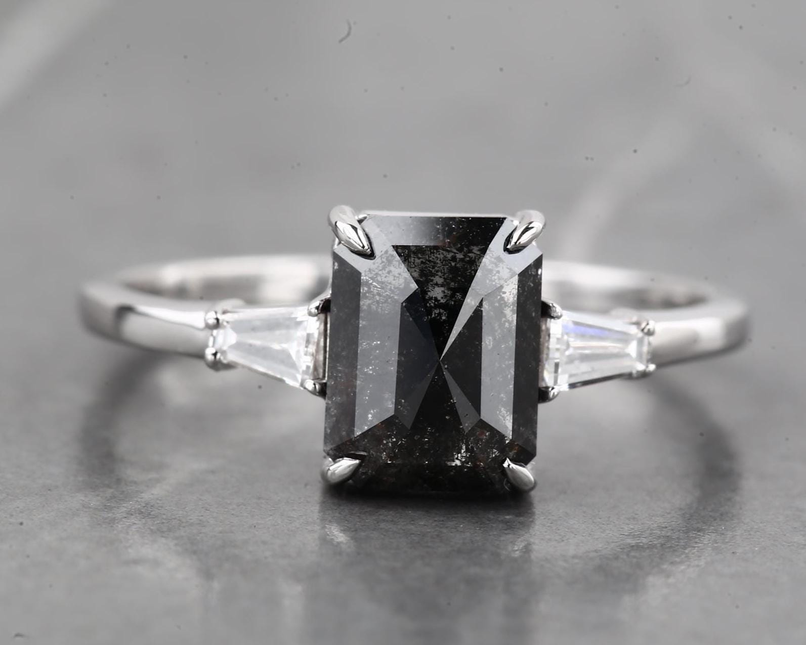 14K White Gold Grey Emerald Cut Salt and Pepper Natural Diamond Engagement Ring
