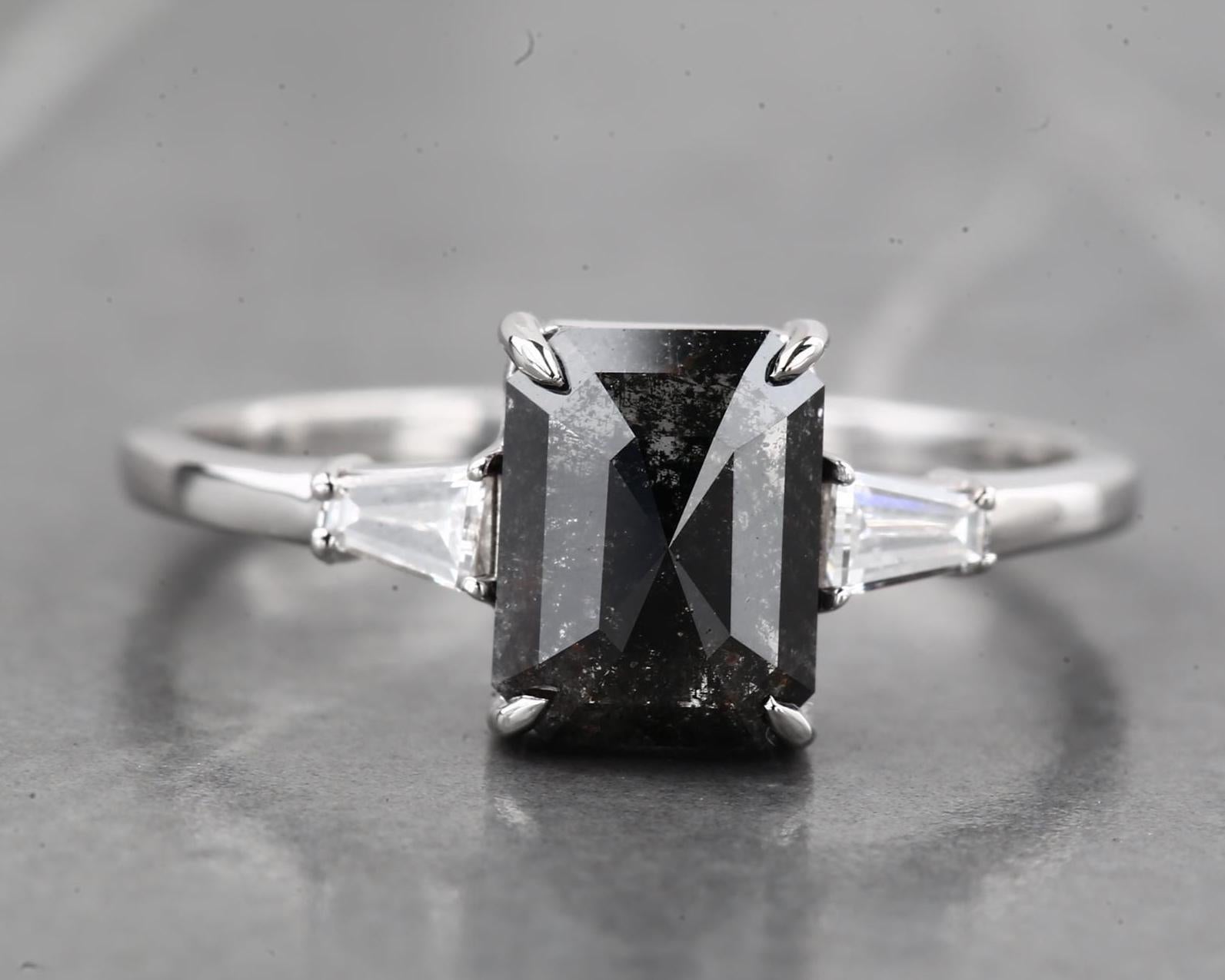 14K White Gold Grey Salt and Pepper Emerald Cut Natural Diamond Wedding Ring