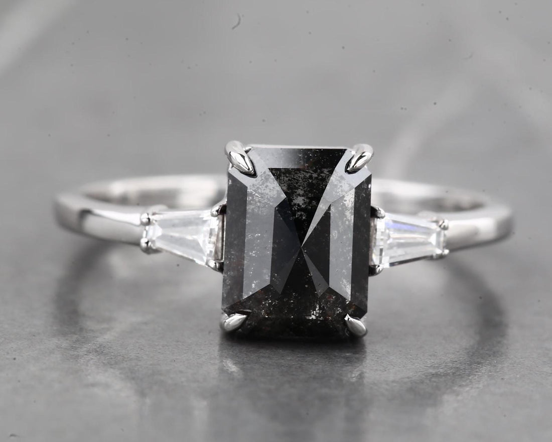 14K White Gold Grey Salt and Pepper Emerald Cut Natural Diamond Wedding Ring