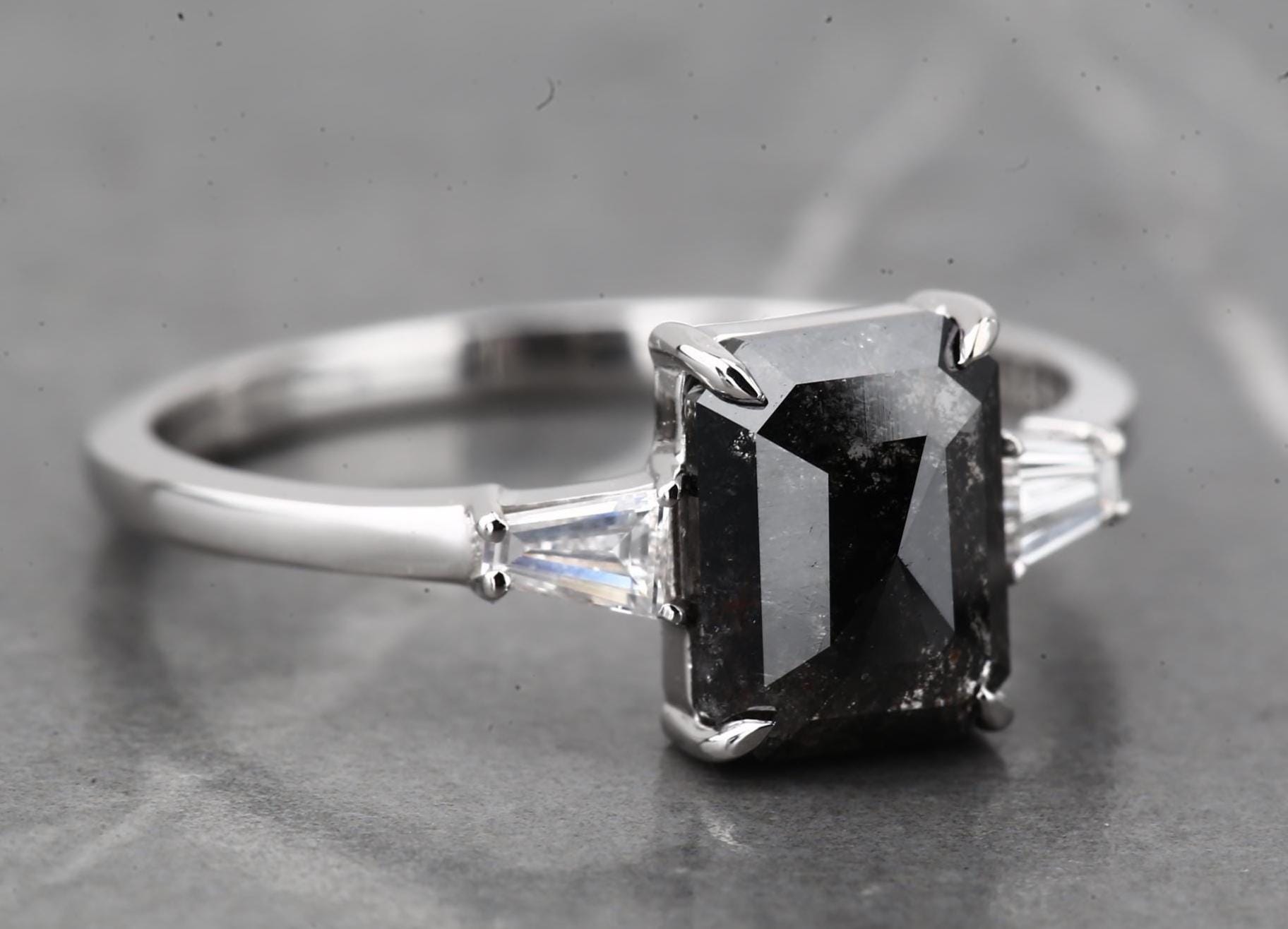 14K White Gold Grey Emerald Cut Salt and Pepper Natural Diamond Engagement Ring