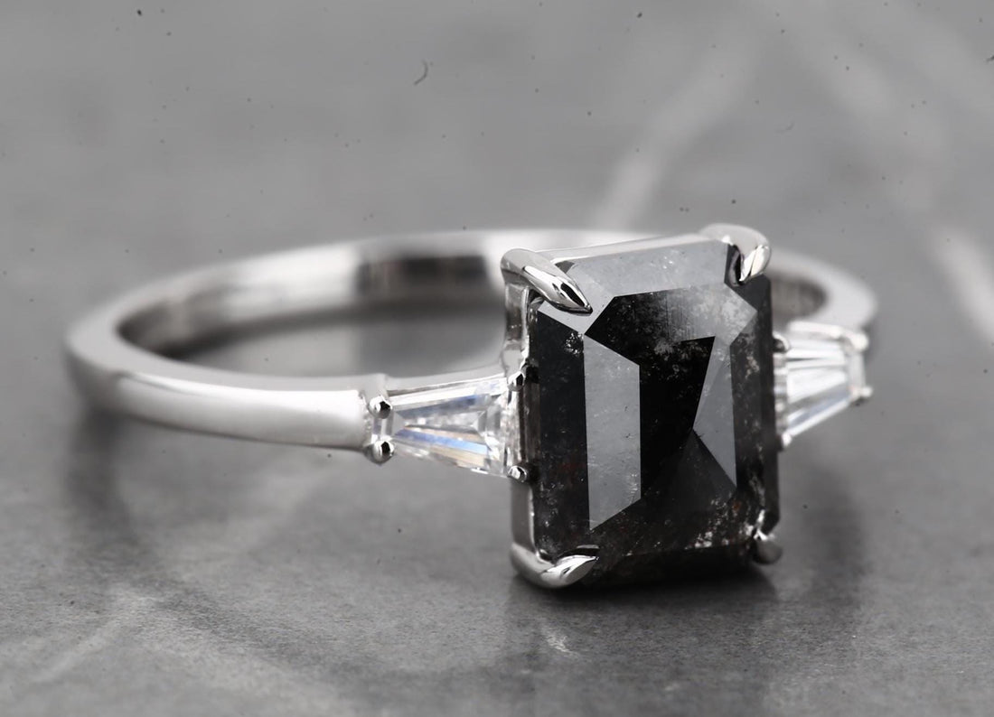 14K White Gold Grey Emerald Cut Salt and Pepper Natural Diamond Engagement Ring