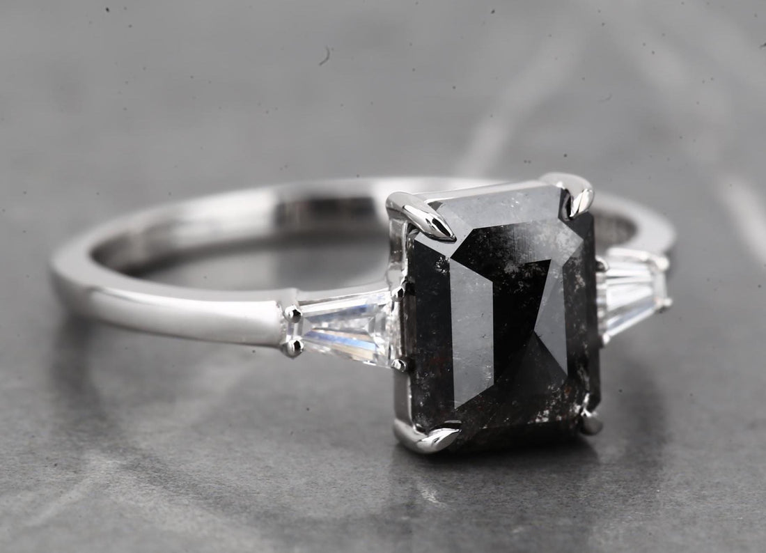 14K White Gold Grey Salt and Pepper Emerald Cut Natural Diamond Wedding Ring