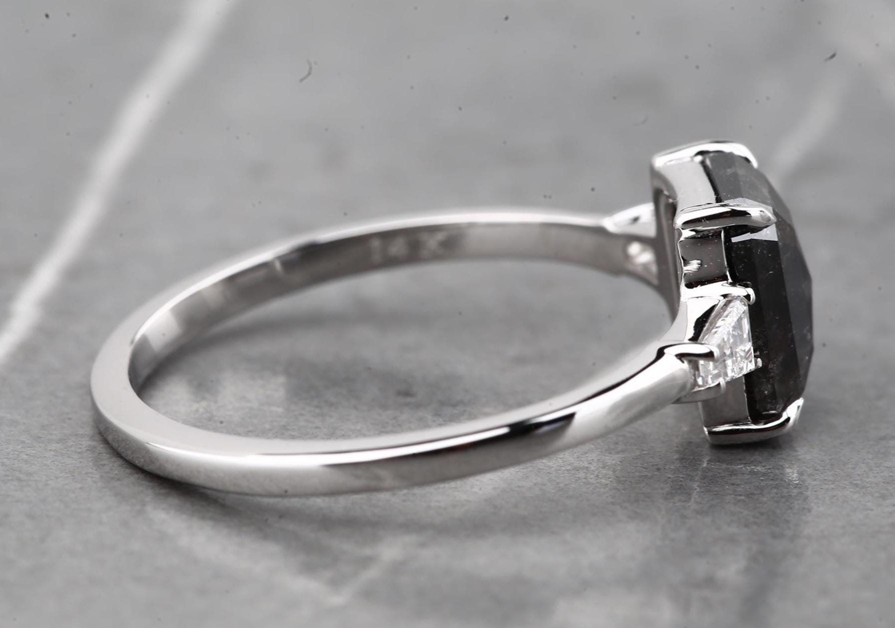 14K White Gold Grey Emerald Cut Salt and Pepper Natural Diamond Engagement Ring