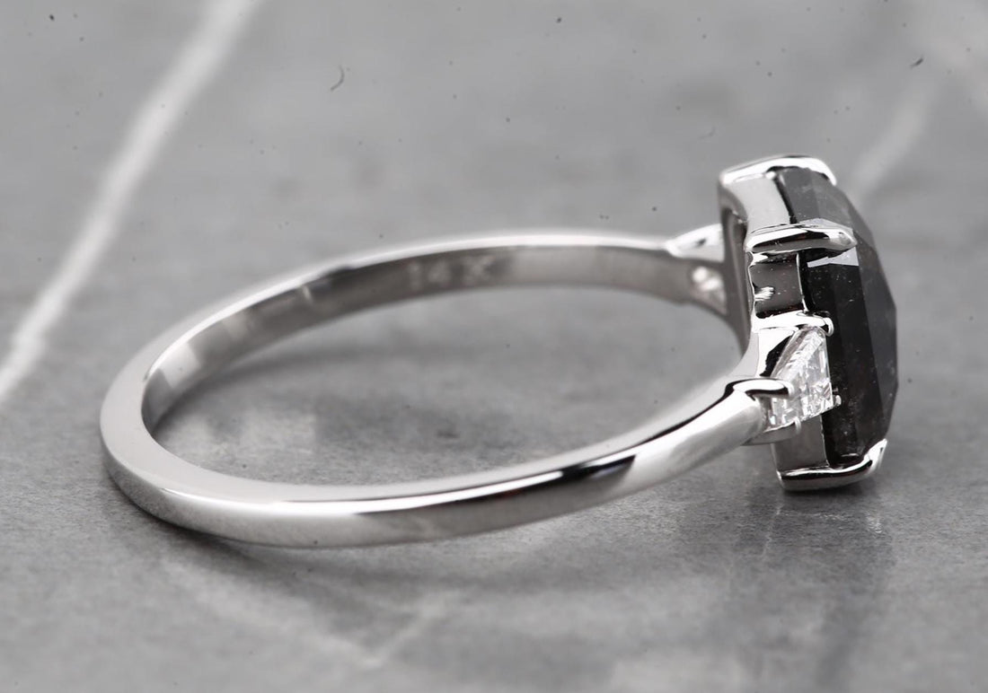 14K White Gold Grey Emerald Cut Salt and Pepper Natural Diamond Engagement Ring