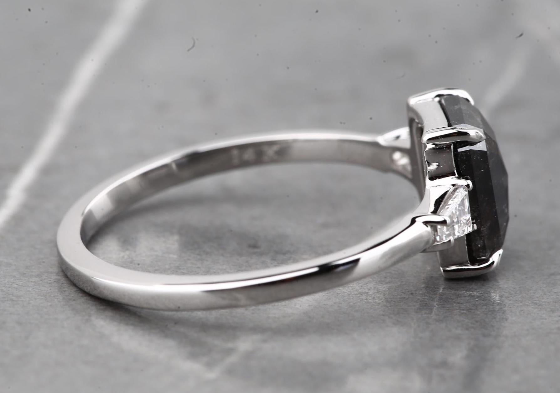 14K White Gold Grey Salt and Pepper Emerald Cut Natural Diamond Wedding Ring
