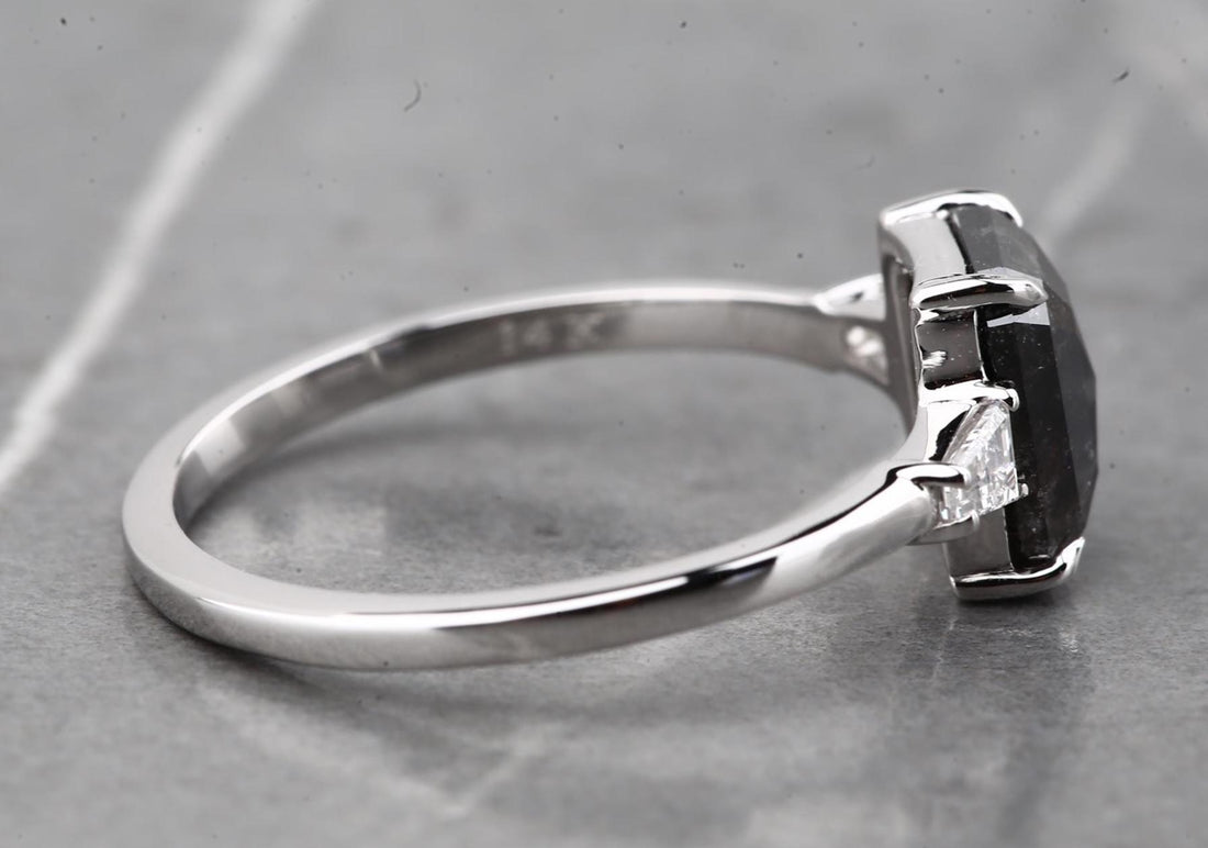 14K White Gold Grey Salt and Pepper Emerald Cut Natural Diamond Wedding Ring