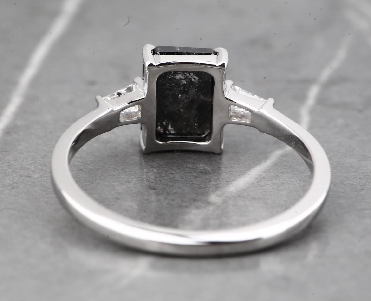 14K White Gold Grey Salt and Pepper Emerald Cut Natural Diamond Wedding Ring