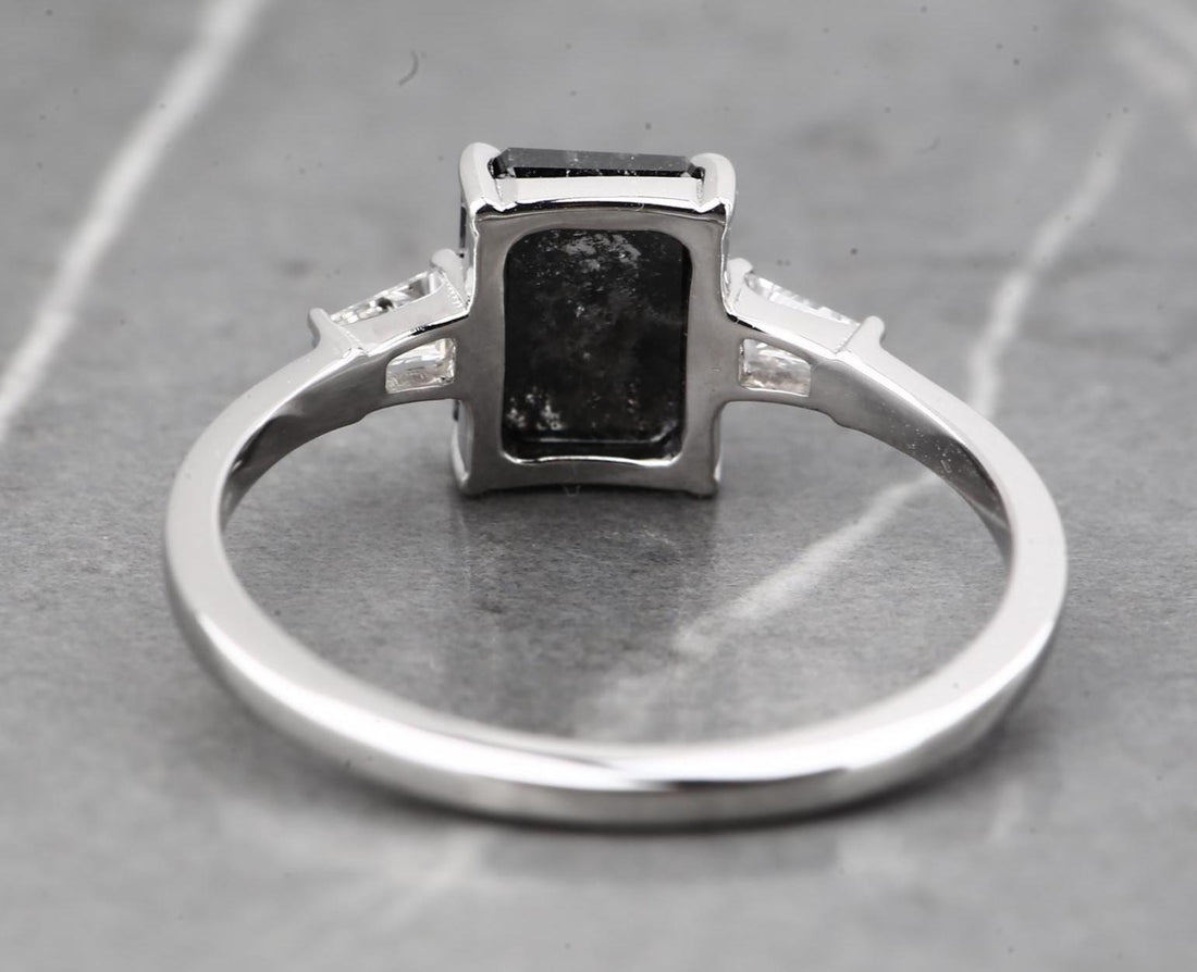 14K White Gold Grey Salt and Pepper Emerald Cut Natural Diamond Wedding Ring