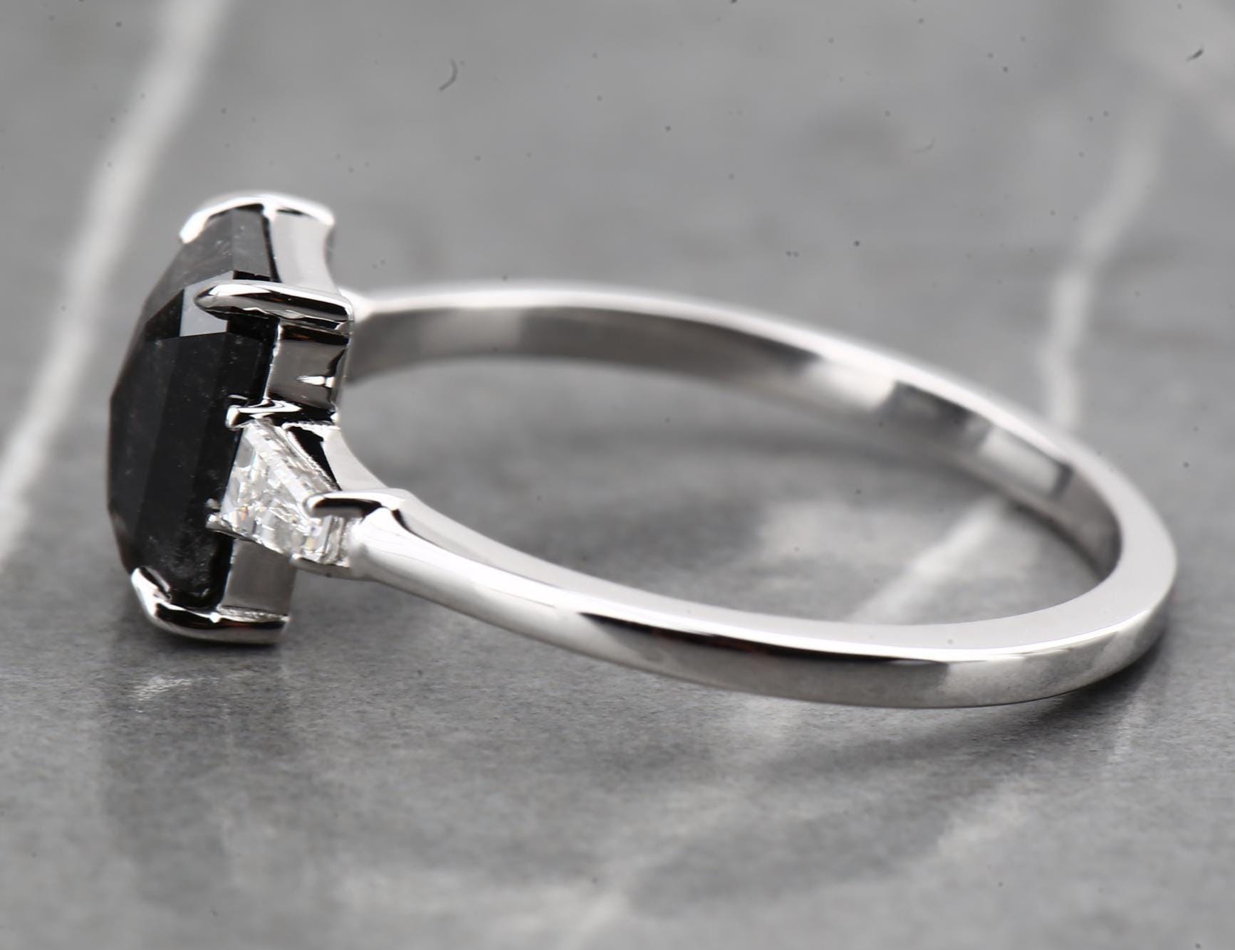 14K White Gold Grey Emerald Cut Salt and Pepper Natural Diamond Engagement Ring