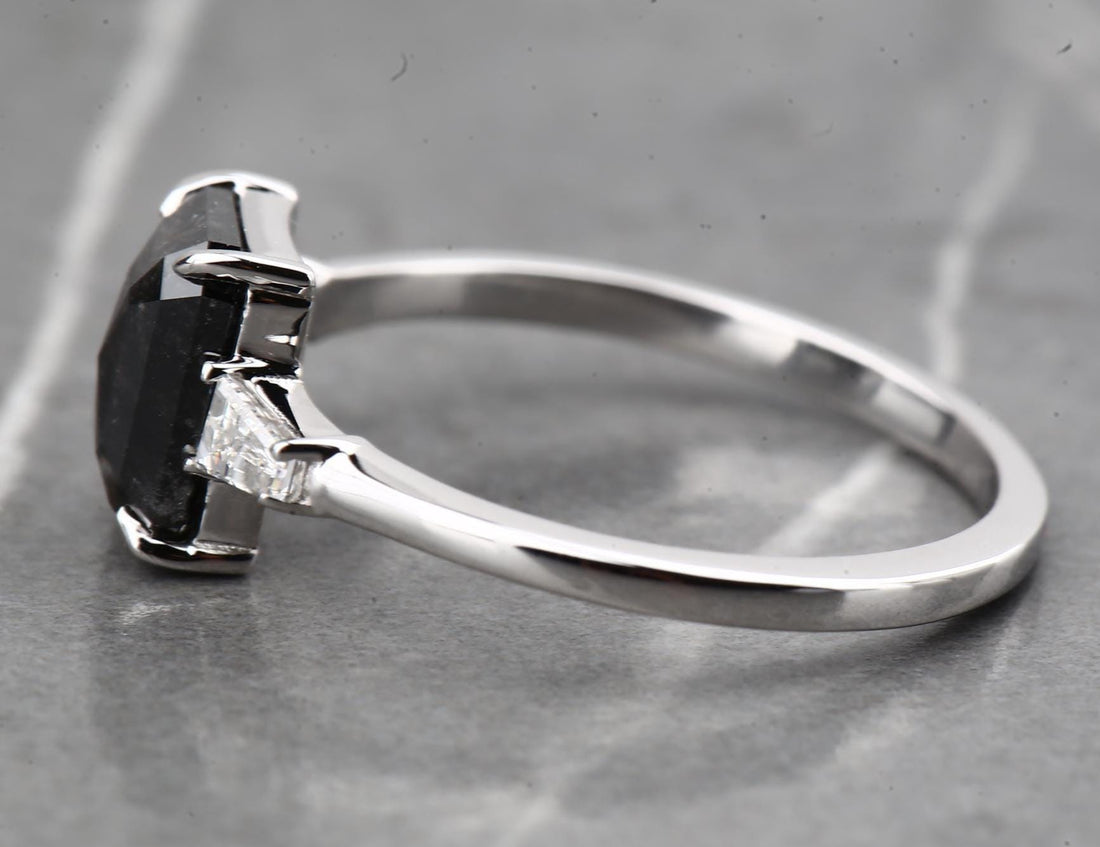 14K White Gold Grey Emerald Cut Salt and Pepper Natural Diamond Engagement Ring