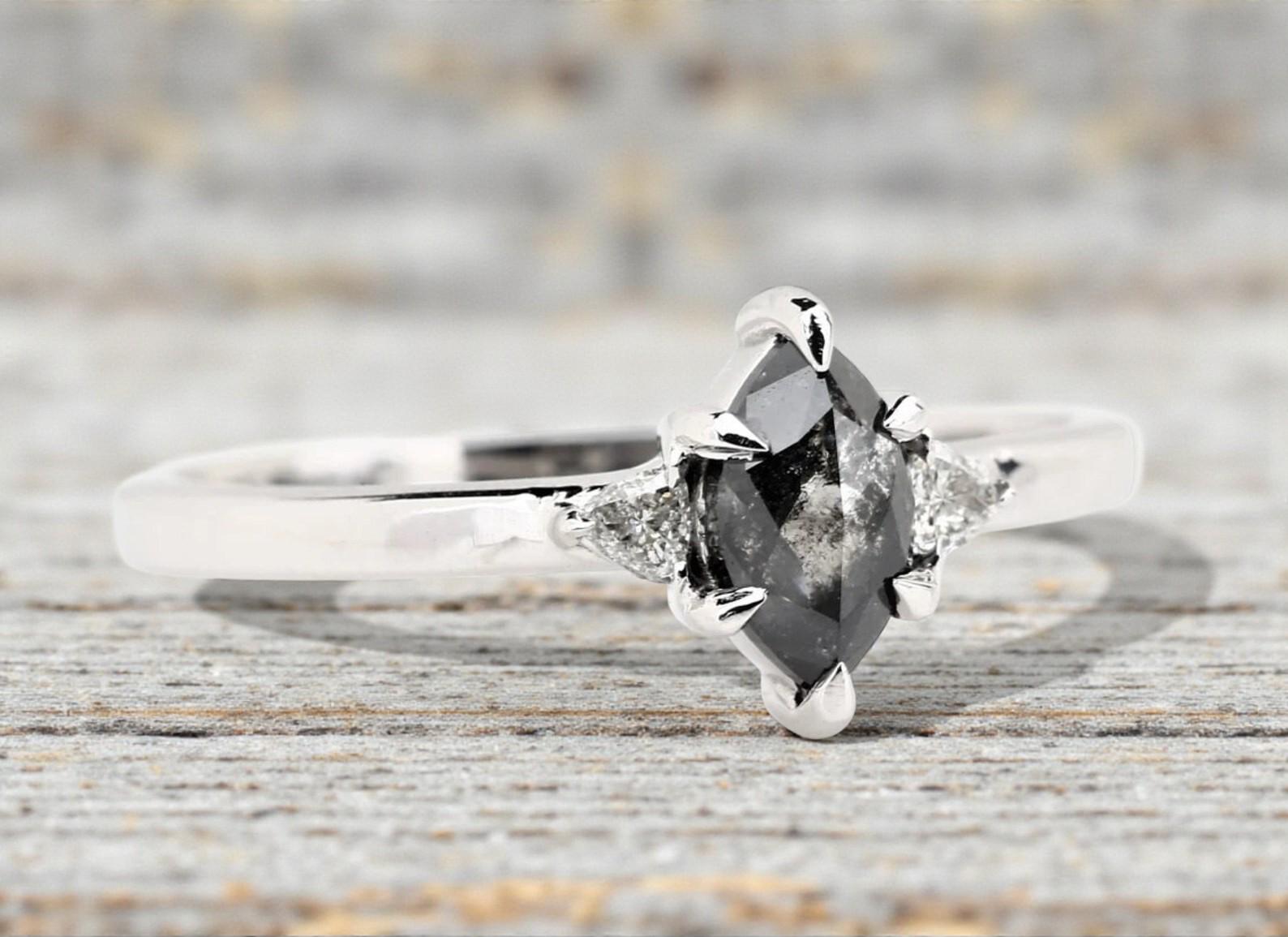 14K White Gold Marquise Cut Grey Salt and Pepper Natural Diamond Promise Ring