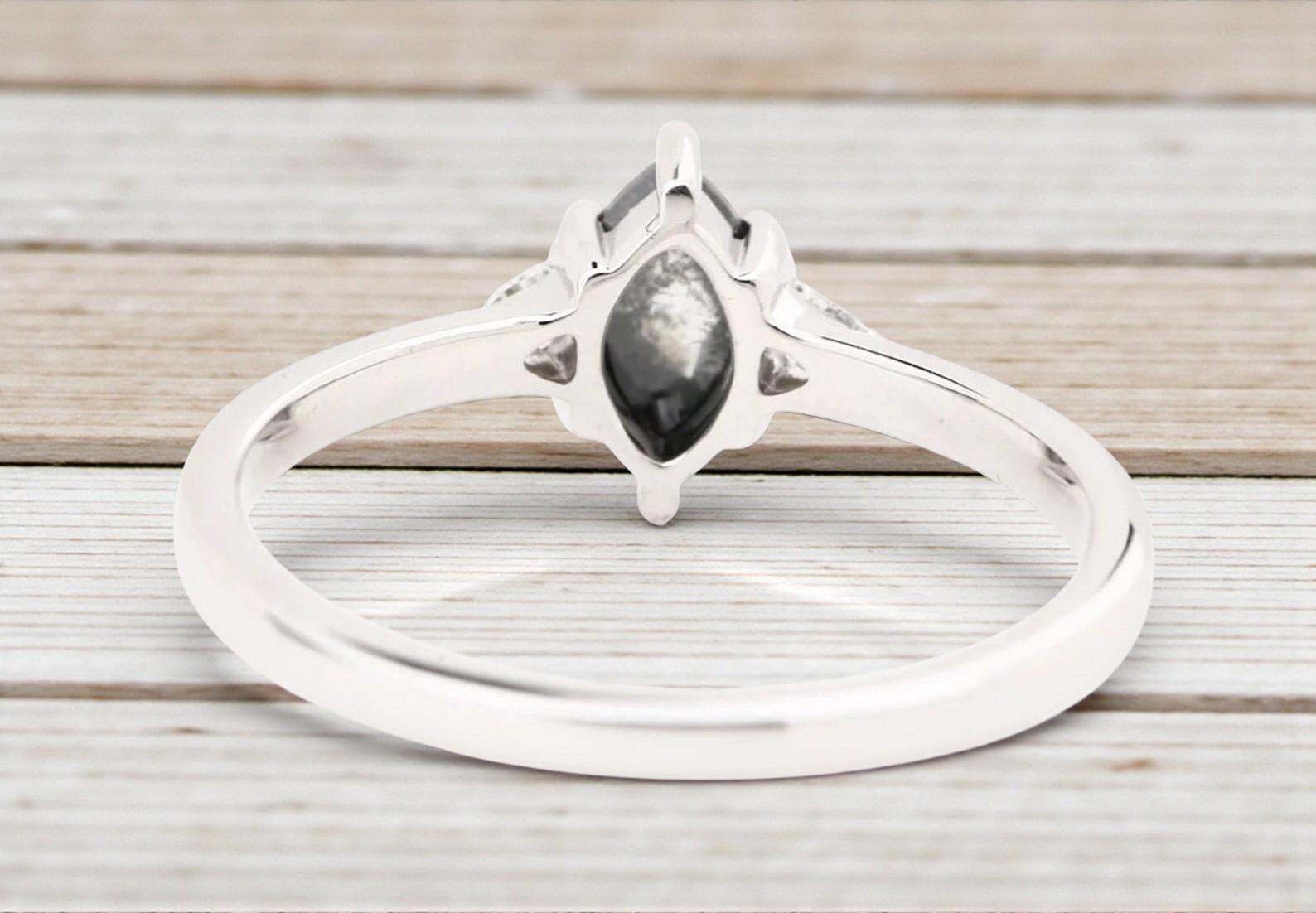 14K White Gold Marquise Cut Grey Salt and Pepper Natural Diamond Promise Ring