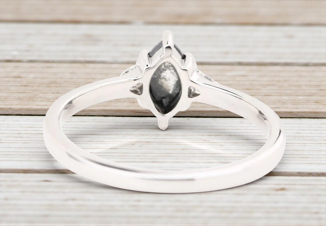 14K White Gold Marquise Cut Grey Salt and Pepper Natural Diamond Promise Ring