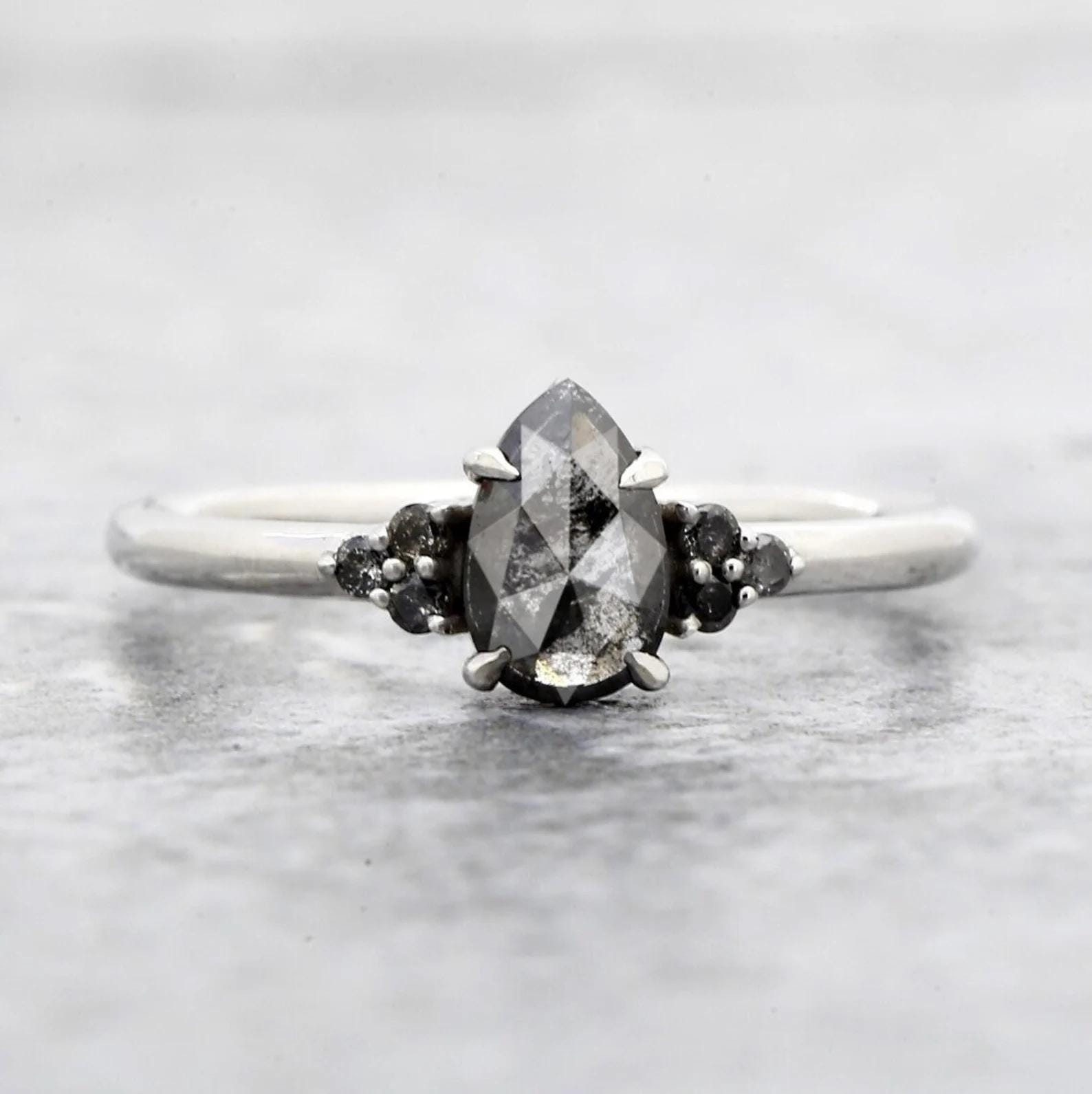 14K White Gold Grey Salt and Pepper Pear Cut Natural Diamond Promise Ring