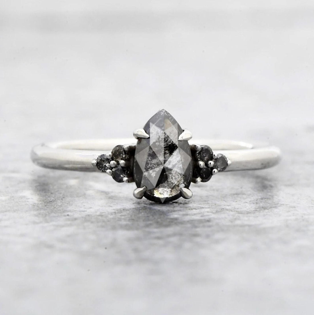 14K White Gold Grey Salt and Pepper Pear Cut Natural Diamond Promise Ring
