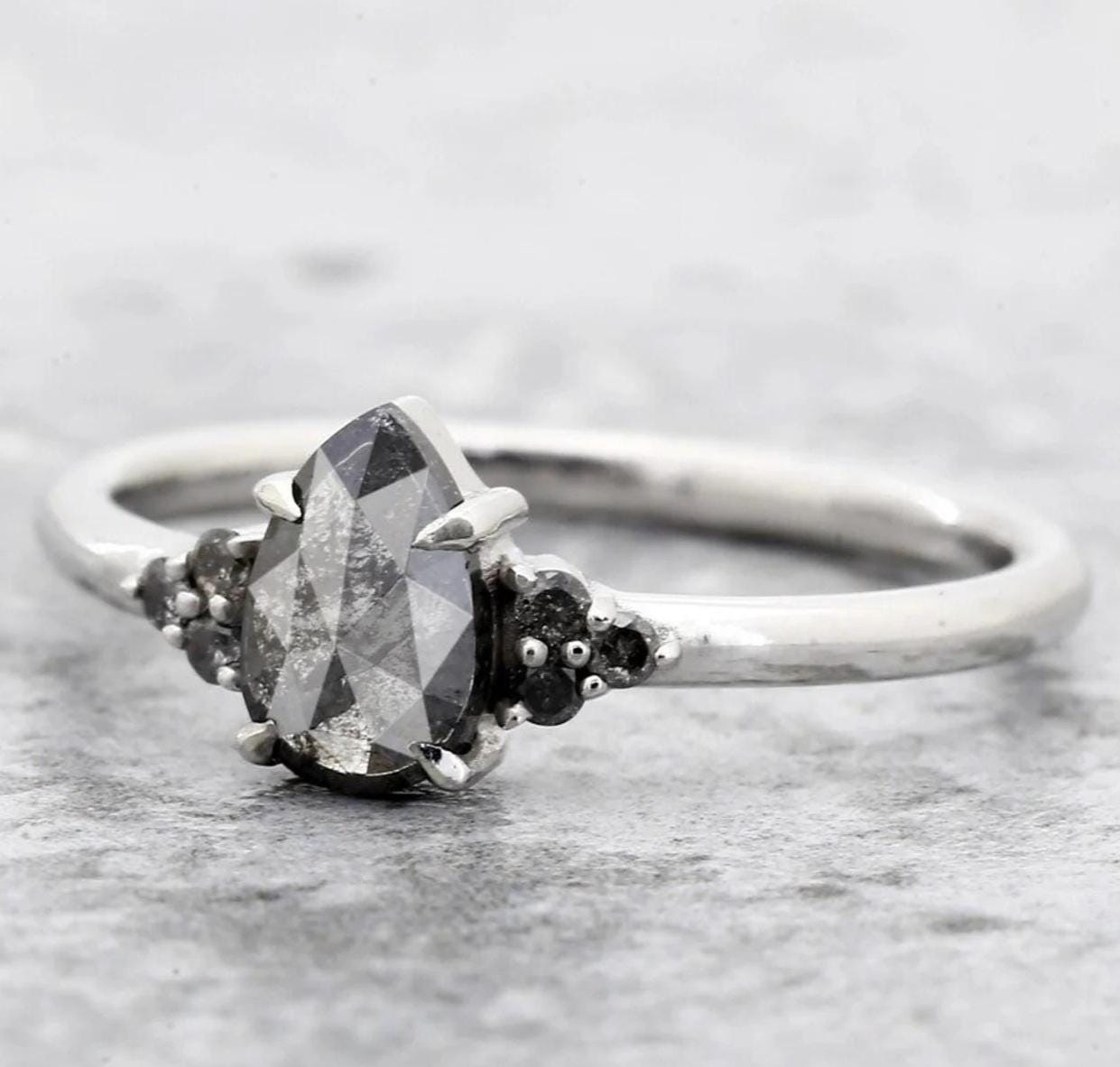 14K White Gold Grey Salt and Pepper Pear Cut Natural Diamond Promise Ring