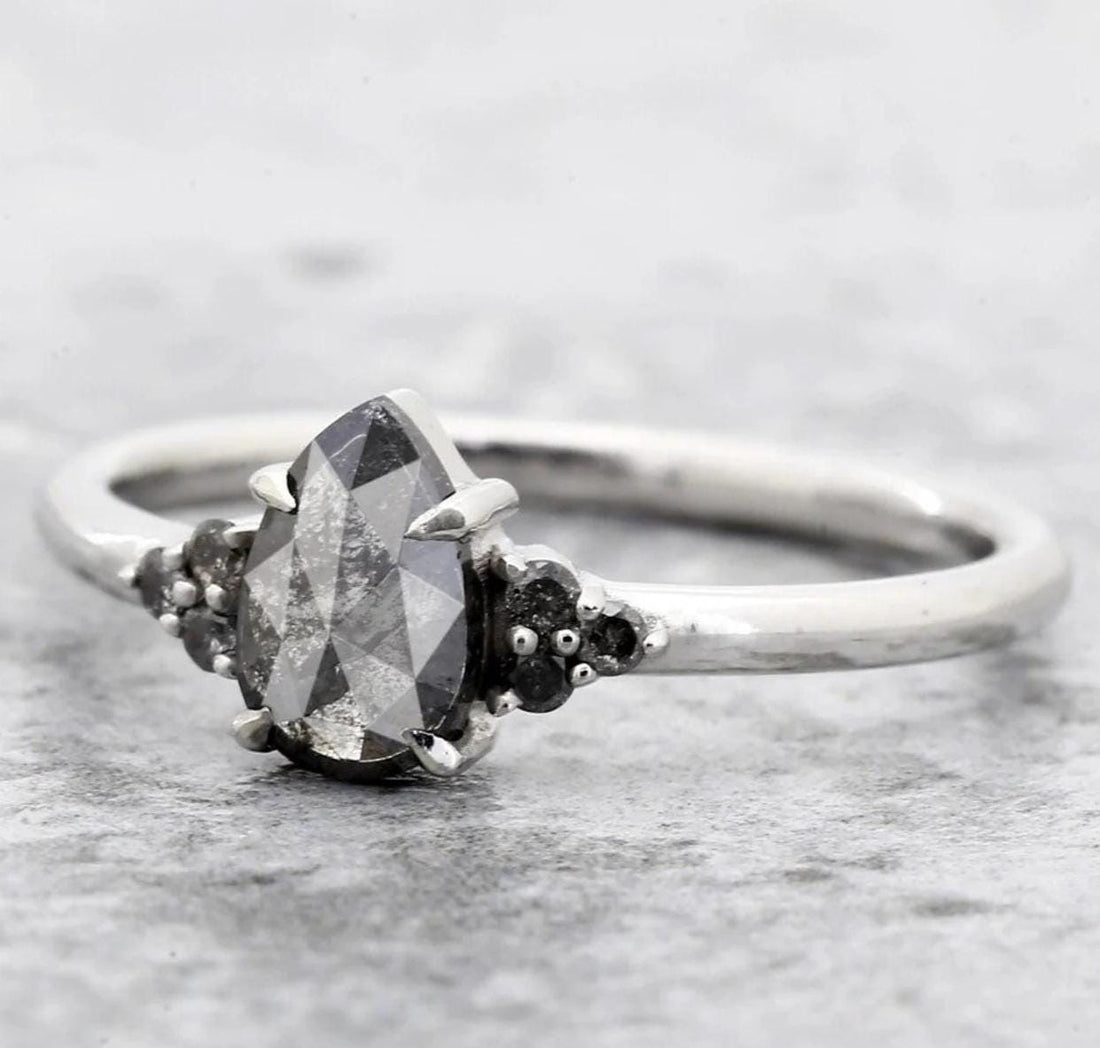 14K White Gold Grey Salt and Pepper Pear Cut Natural Diamond Promise Ring