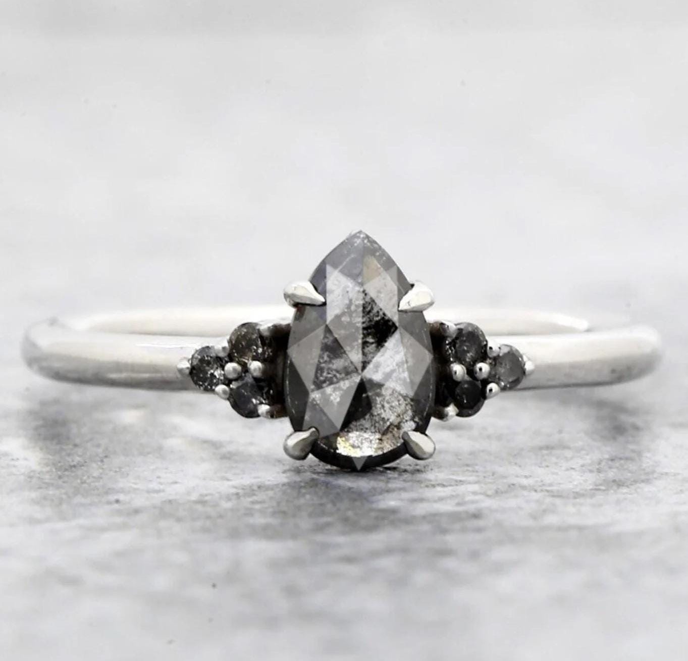 14K White Gold Grey Salt and Pepper Pear Cut Natural Diamond Promise Ring