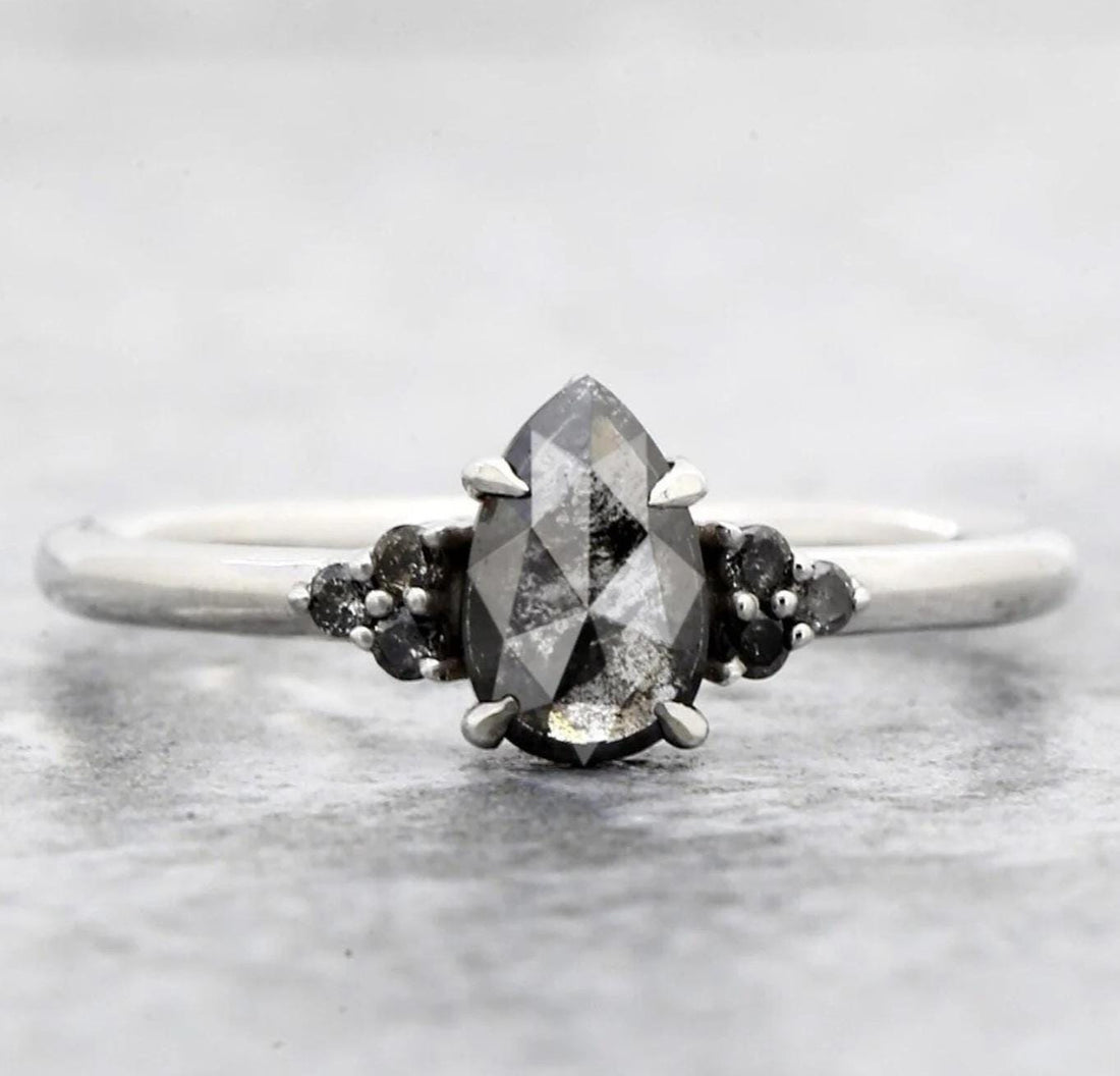 14K White Gold Grey Salt and Pepper Pear Cut Natural Diamond Promise Ring