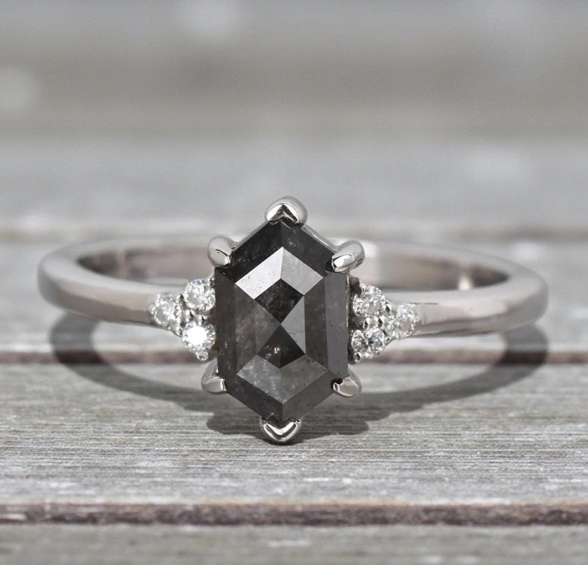 14K Yellow Gold Hexagon Cut Grey Salt and Pepper Natural Diamond Engagement Ring
