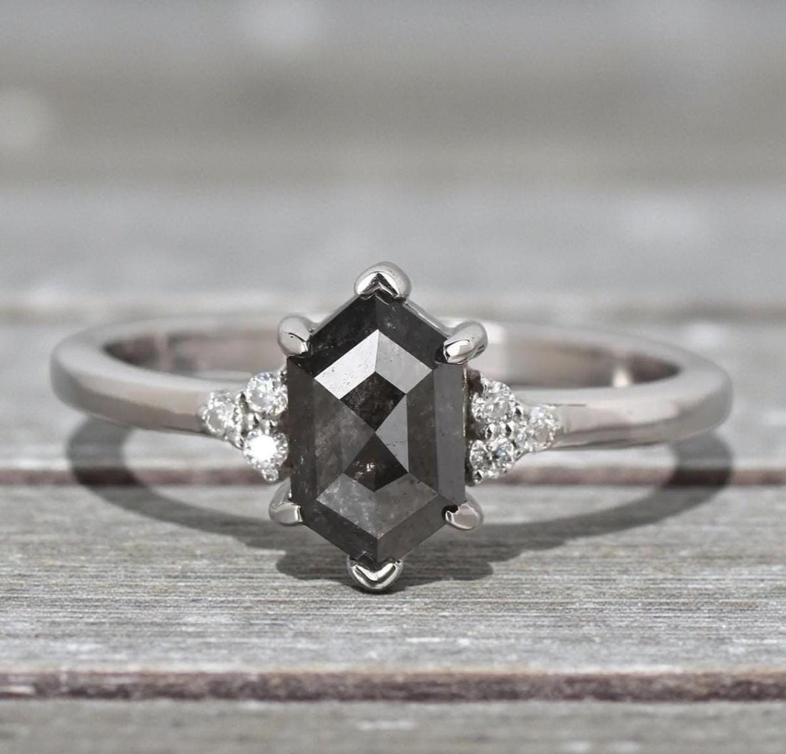 14K Yellow Gold Hexagon Cut Grey Salt and Pepper Natural Diamond Engagement Ring