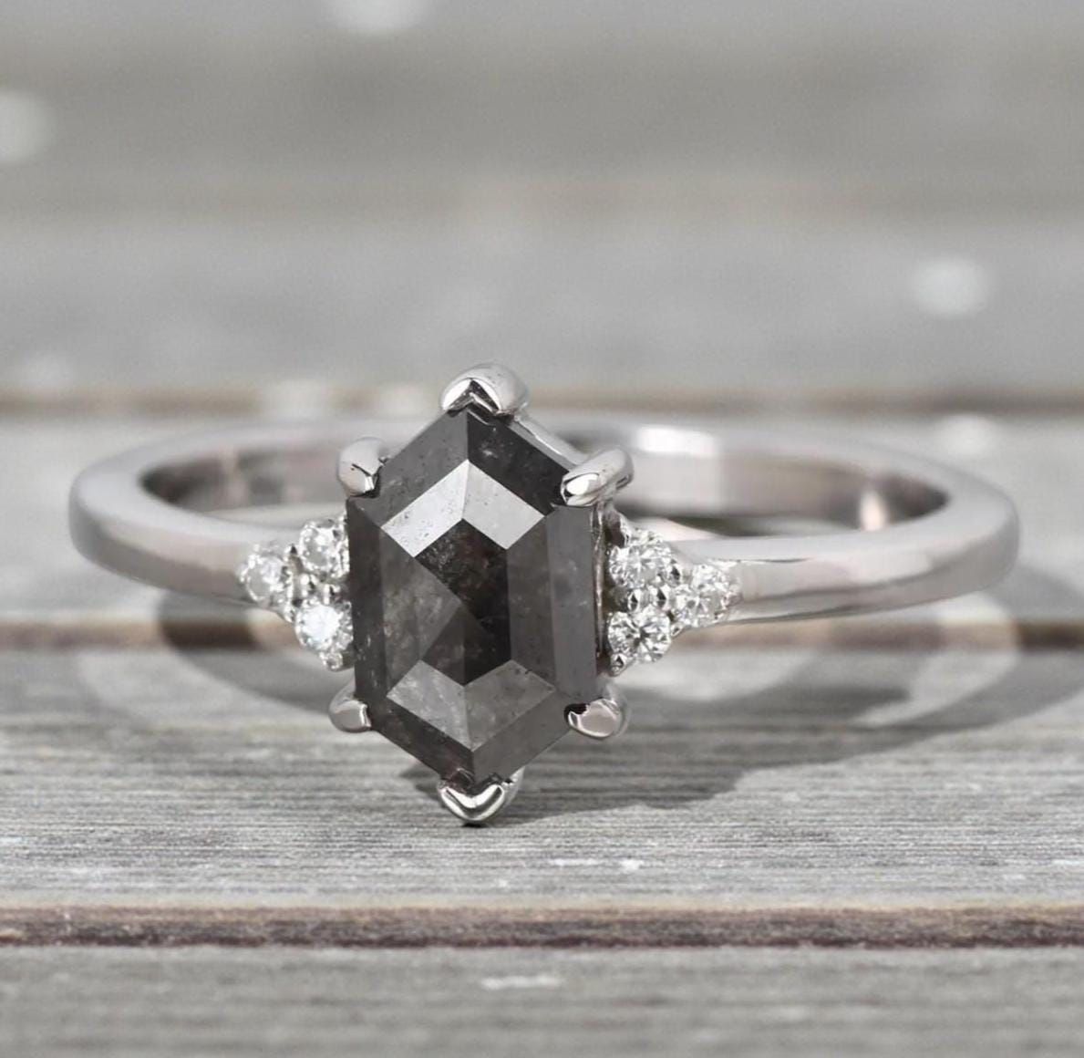 14K Yellow Gold Hexagon Cut Grey Salt and Pepper Natural Diamond Engagement Ring