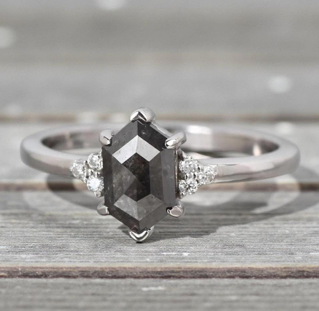 14K Yellow Gold Hexagon Cut Grey Salt and Pepper Natural Diamond Engagement Ring