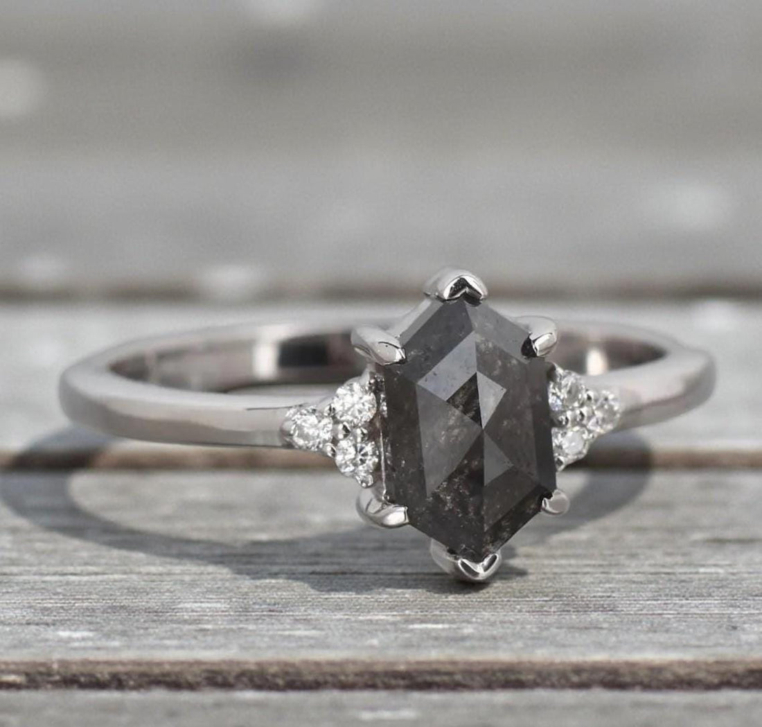 14K Yellow Gold Hexagon Cut Grey Salt and Pepper Natural Diamond Engagement Ring