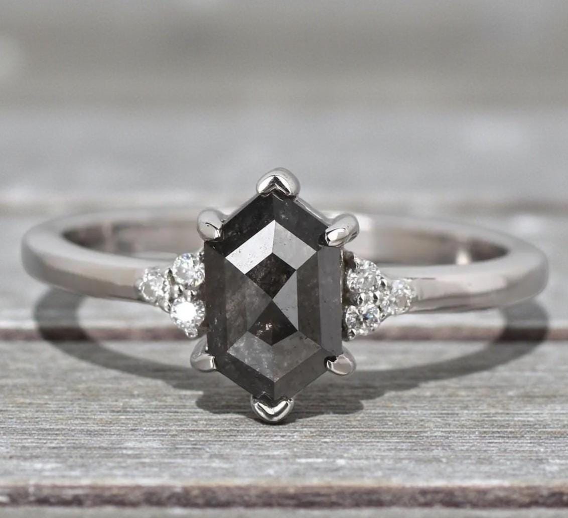 14K Yellow Gold Hexagon Cut Grey Salt and Pepper Natural Diamond Engagement Ring