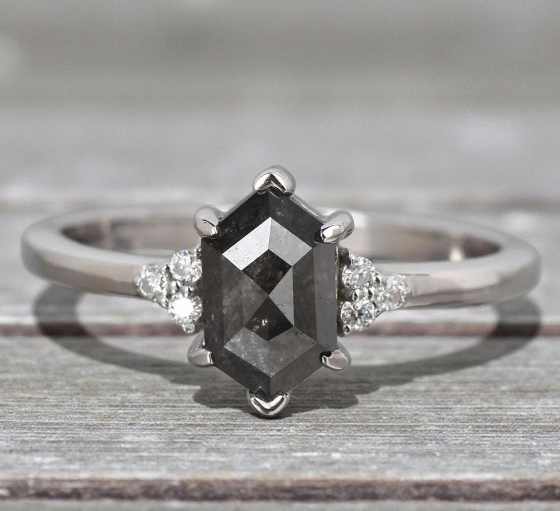 14K Yellow Gold Hexagon Cut Grey Salt and Pepper Natural Diamond Engagement Ring