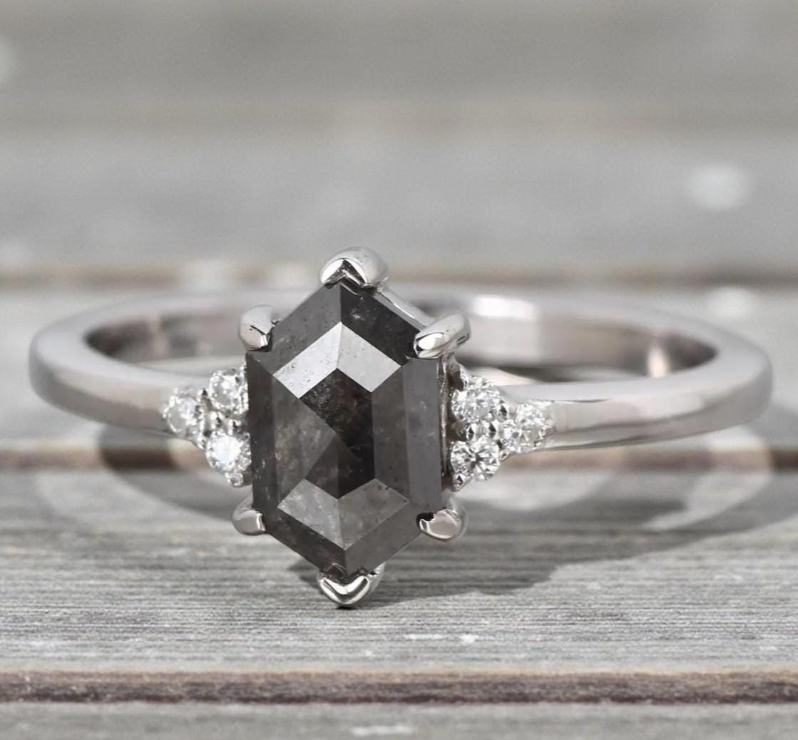 14K Yellow Gold Hexagon Cut Grey Salt and Pepper Natural Diamond Engagement Ring