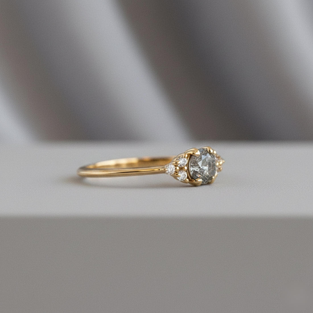 14K White Gold Grey Salt & Pepper Natural Unique Round Cut Diamond Ring