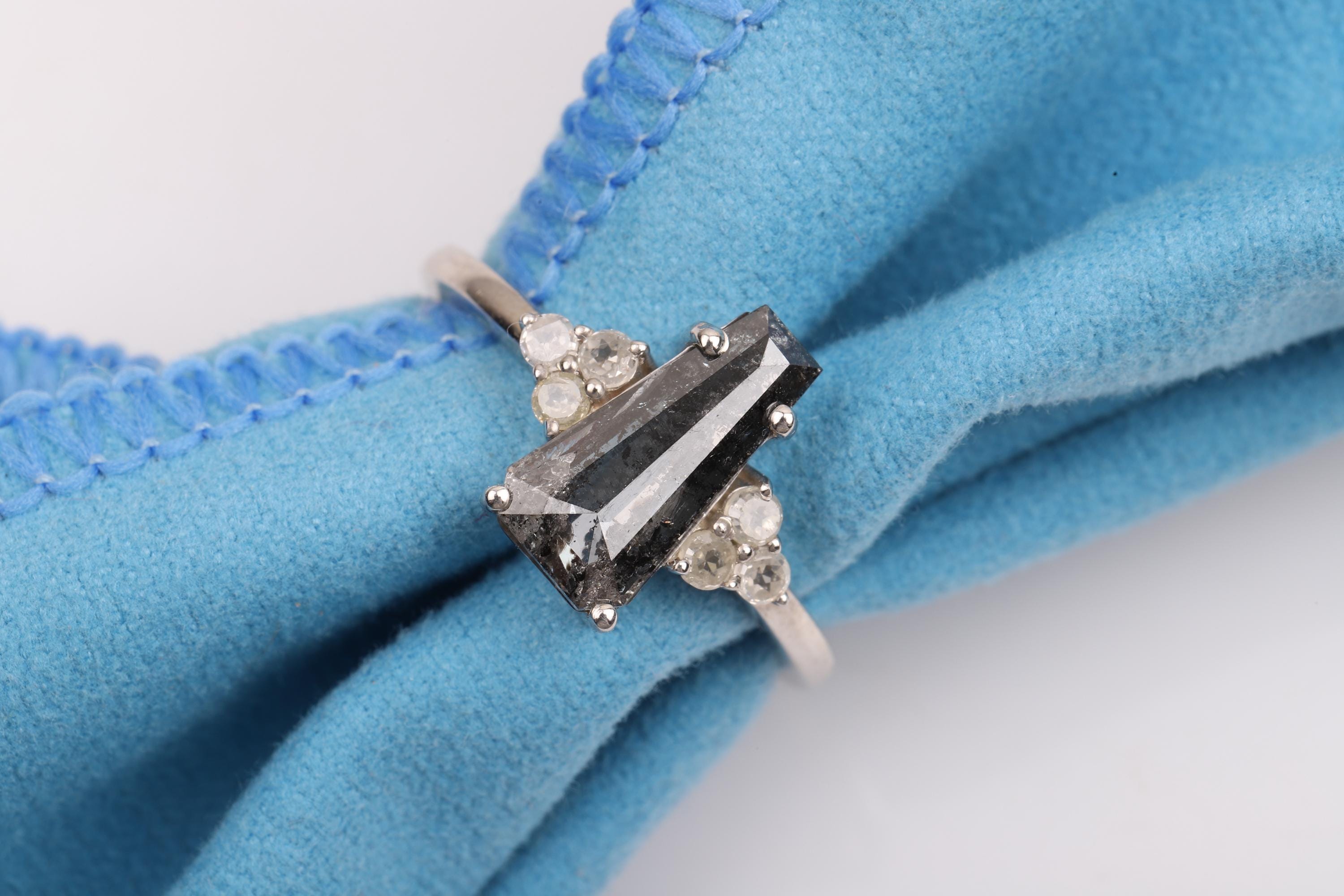 14K White Gold Coffin Cut Grey Salt and Pepper Natural Diamond Statement Ring