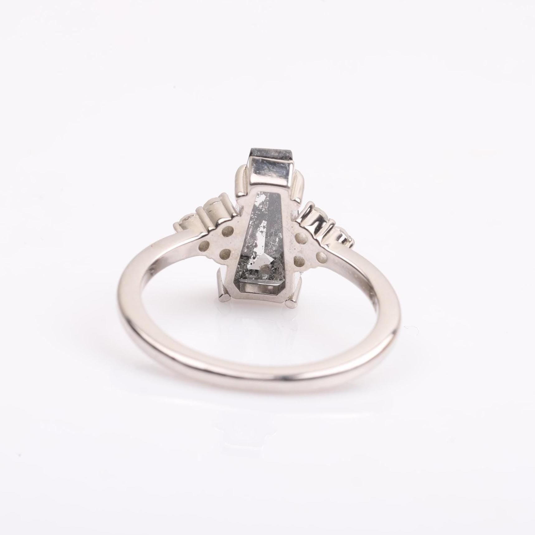 14K White Gold Coffin Cut Grey Salt and Pepper Natural Diamond Statement Ring