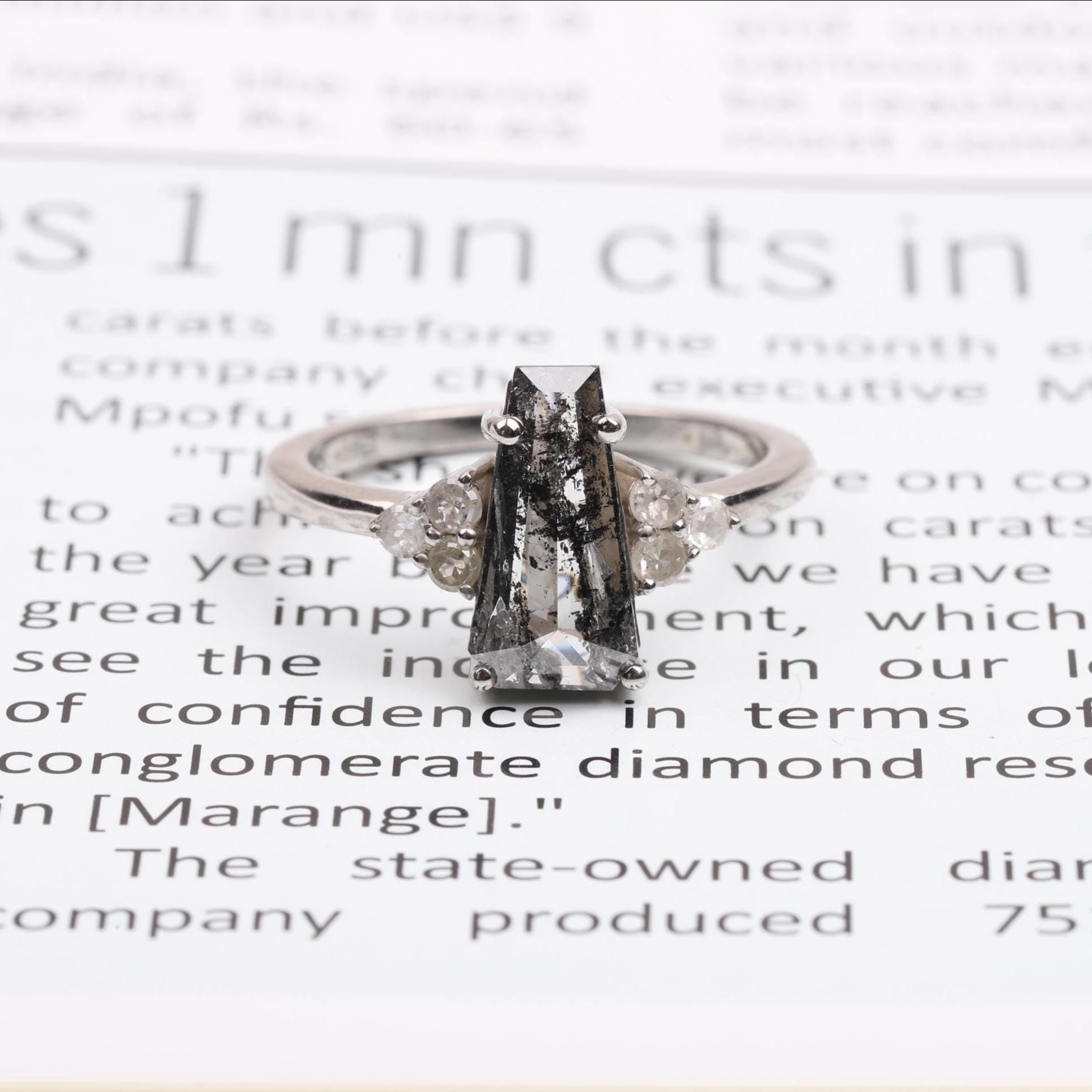 14K White Gold Coffin Cut Grey Salt and Pepper Natural Diamond Statement Ring
