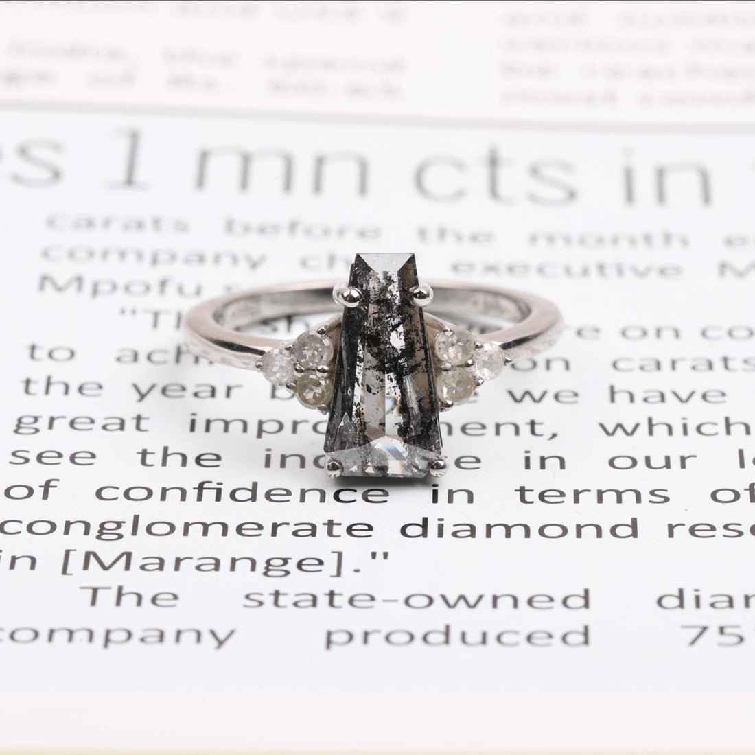 14K White Gold Coffin Cut Grey Salt and Pepper Natural Diamond Statement Ring