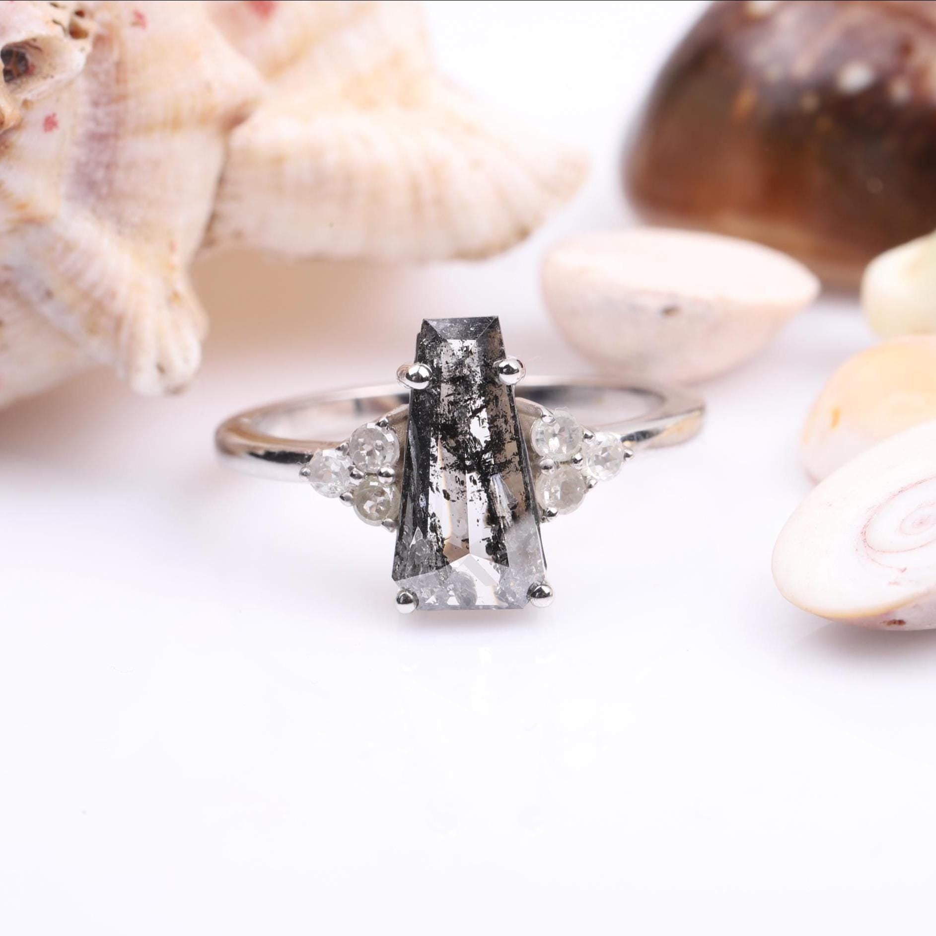 14K White Gold Coffin Cut Grey Salt and Pepper Natural Diamond Statement Ring