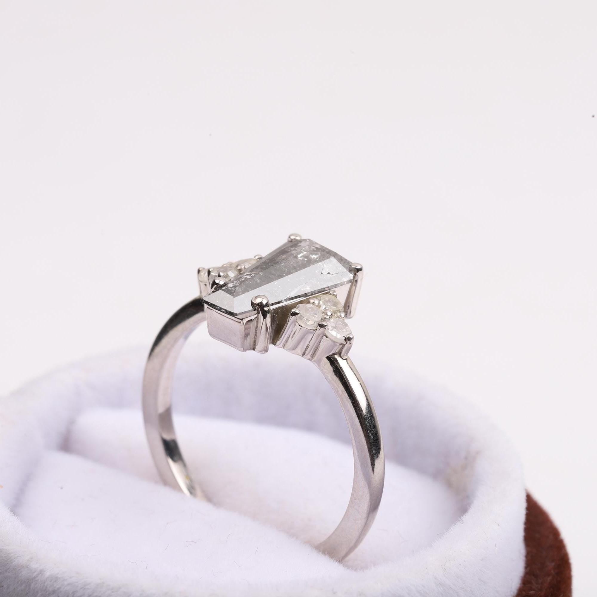 14K White Gold Coffin Cut Grey Salt and Pepper Natural Diamond Statement Ring