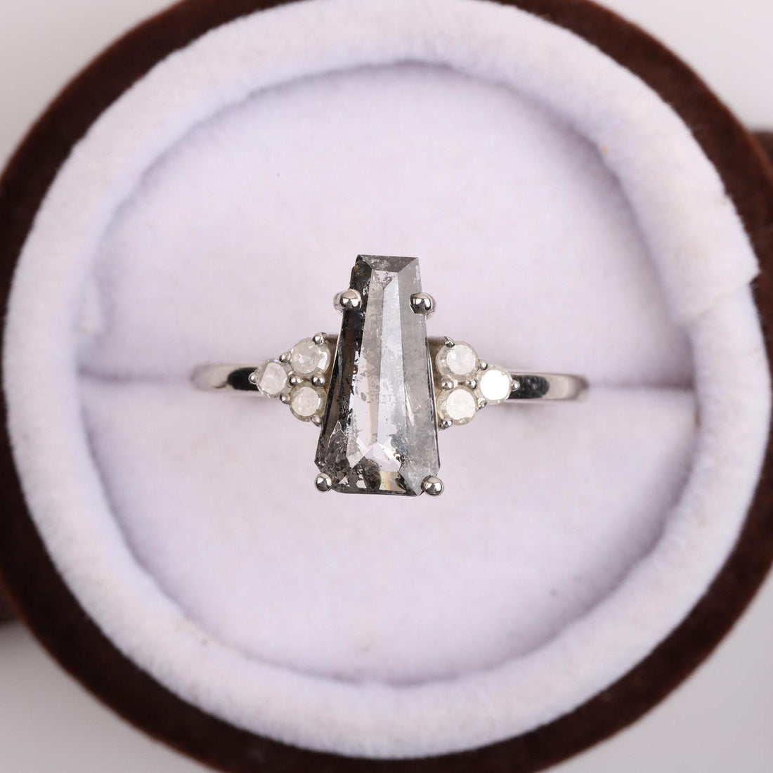 14K White Gold Coffin Cut Grey Salt and Pepper Natural Diamond Statement Ring