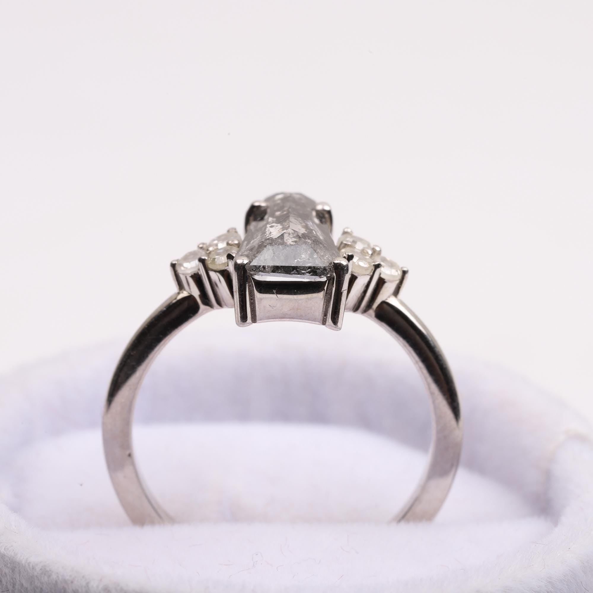 14K White Gold Coffin Cut Grey Salt and Pepper Natural Diamond Statement Ring