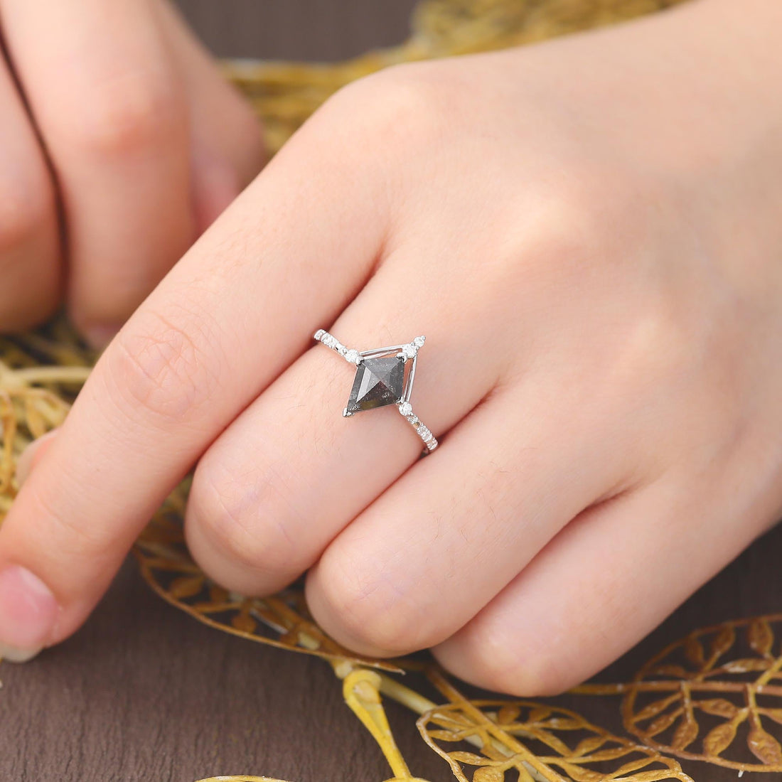 Kite Cut Black Diamond Ring, Natural Diamond 14K Yellow Gold Wedding Ring