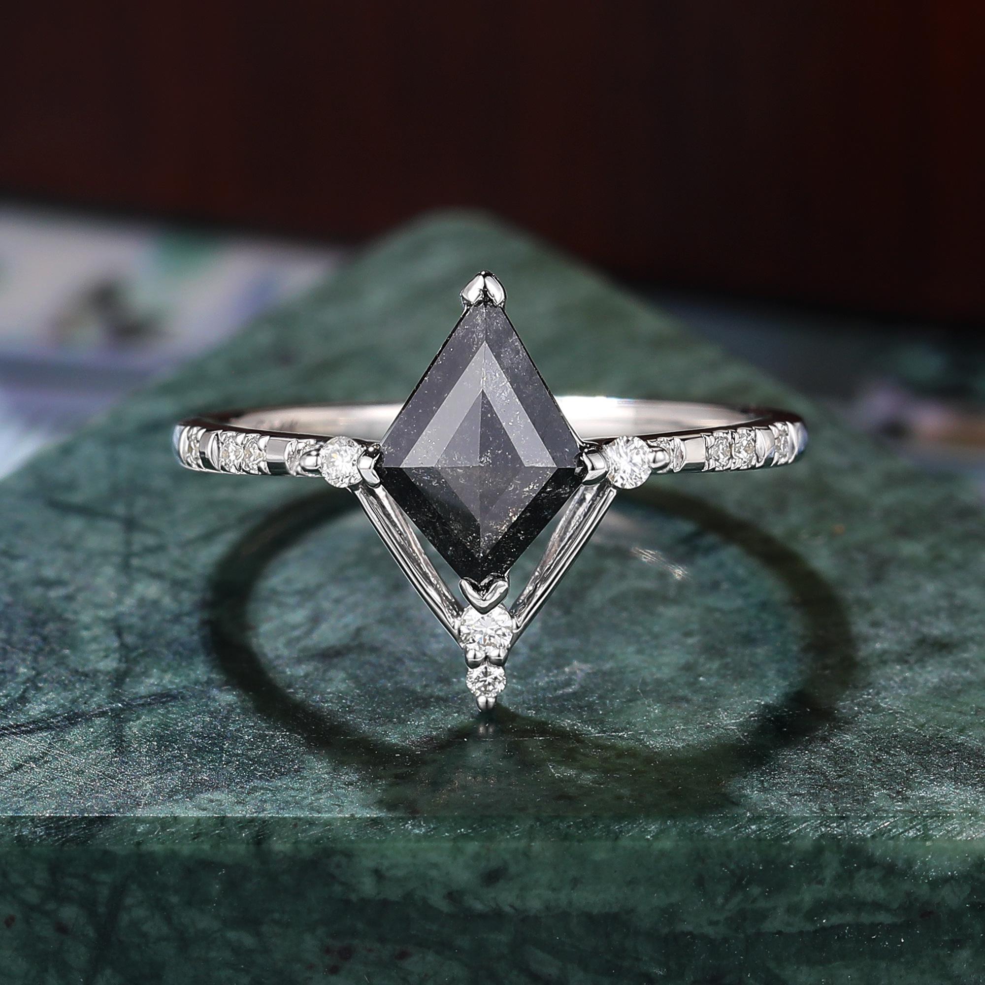 Kite Cut Black Diamond Ring, Natural Diamond 14K Yellow Gold Wedding Ring