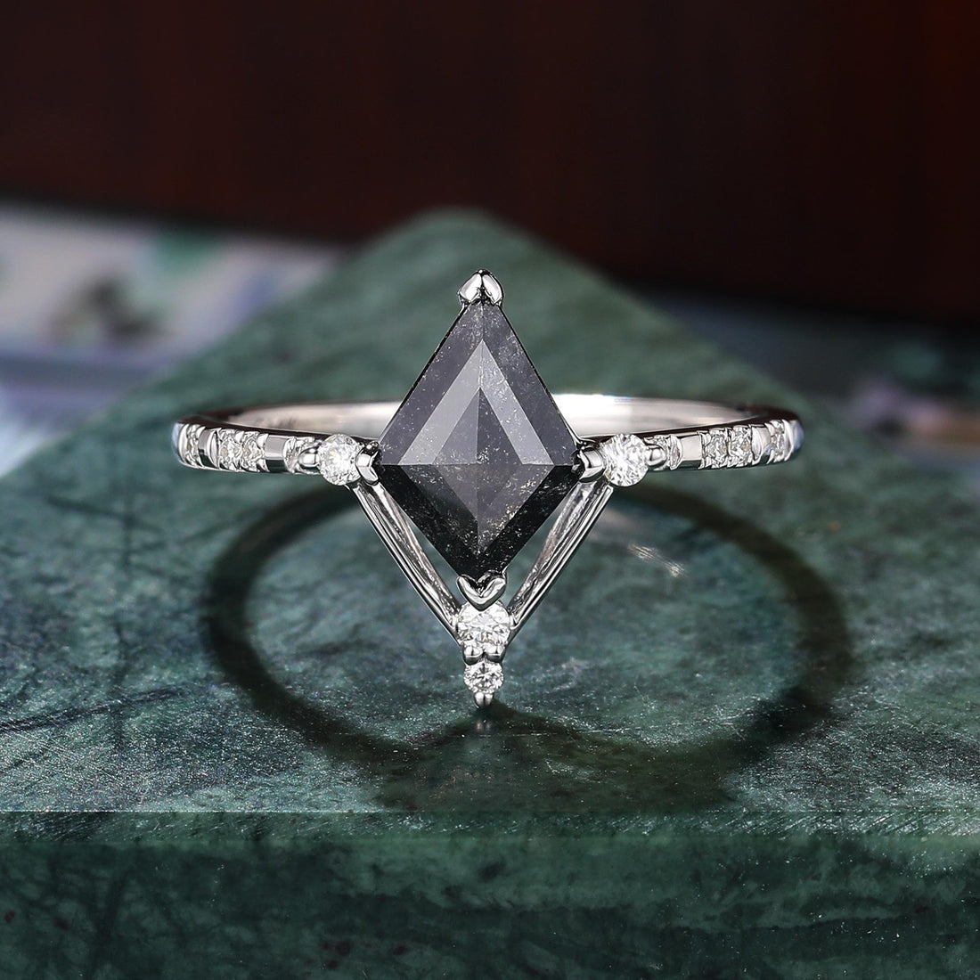 Kite Cut Black Diamond Ring, Natural Diamond 14K Yellow Gold Wedding Ring