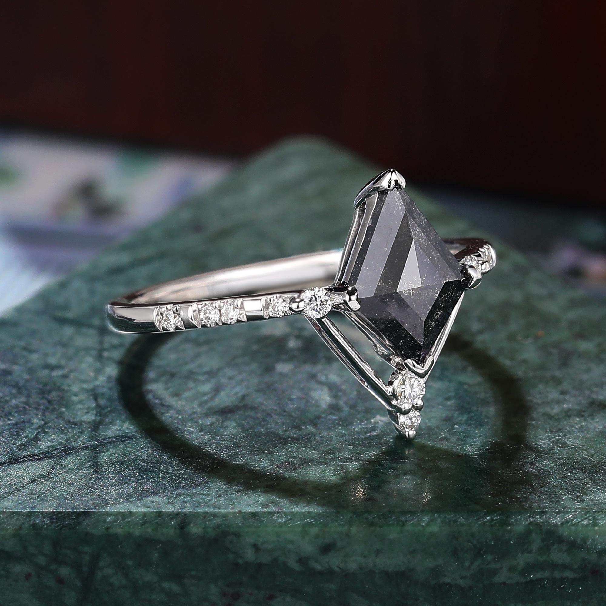 Kite Cut Black Diamond Ring, Natural Diamond 14K Yellow Gold Wedding Ring