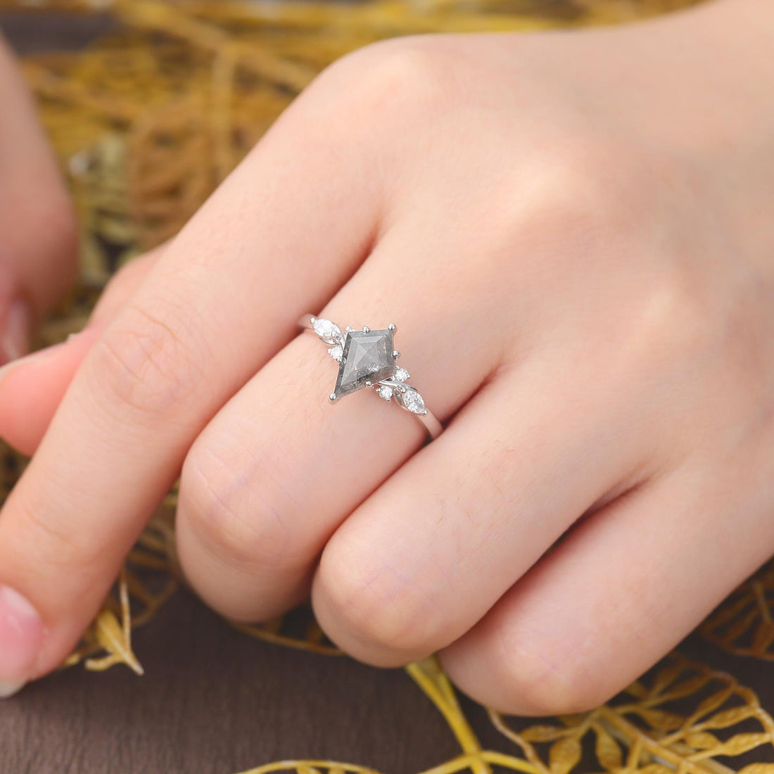 Kite Cut Black Diamond Ring, Natural Diamond 14K White Gold Promise Ring